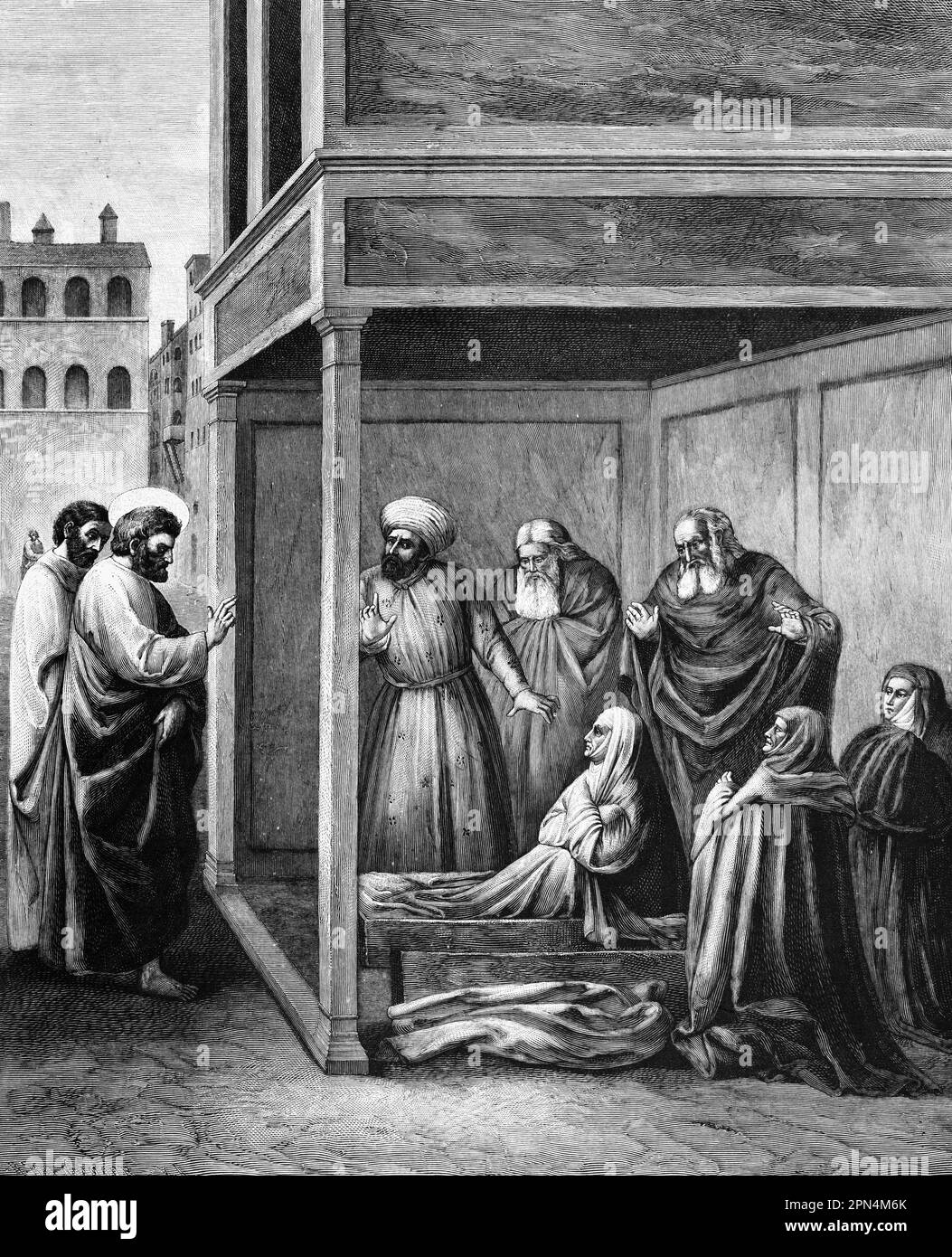 Tabitha, una donna risuscitato dai morti da San Pietro, bibbia, atti degli Apostoli, nuovo Testamento, atto 9, versi 32-43, Illustrazione storica 1890 Foto Stock