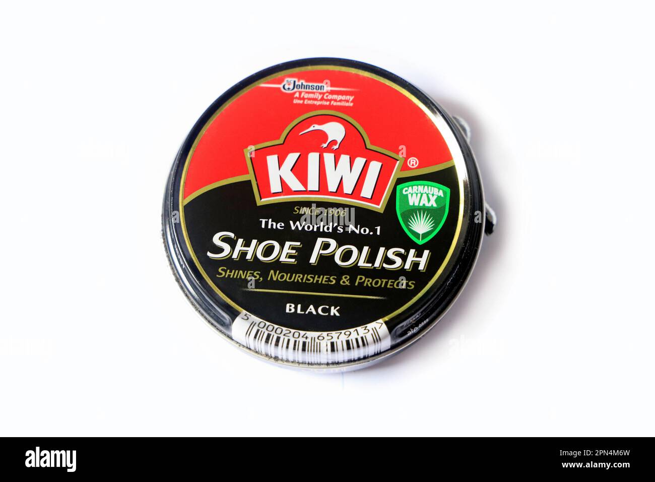 Latta nera e rossa per scarpe Kiwi brand Foto Stock