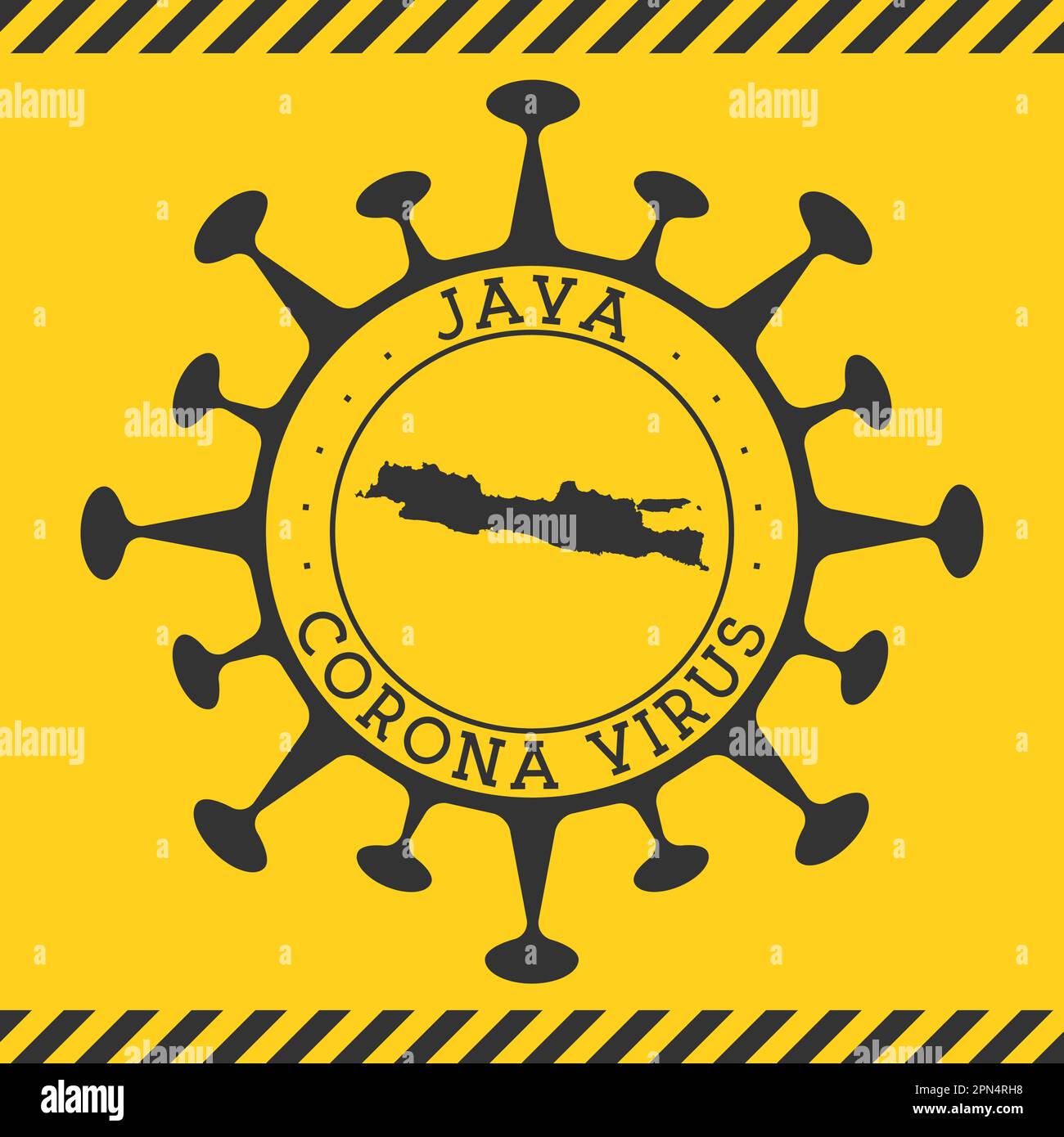 Corona virus in Java segno. Badge rotondo con forma di virus e mappa Java. Timbro di blocco per l'epidemia dell'isola gialla. Illustrazione vettoriale. Illustrazione Vettoriale