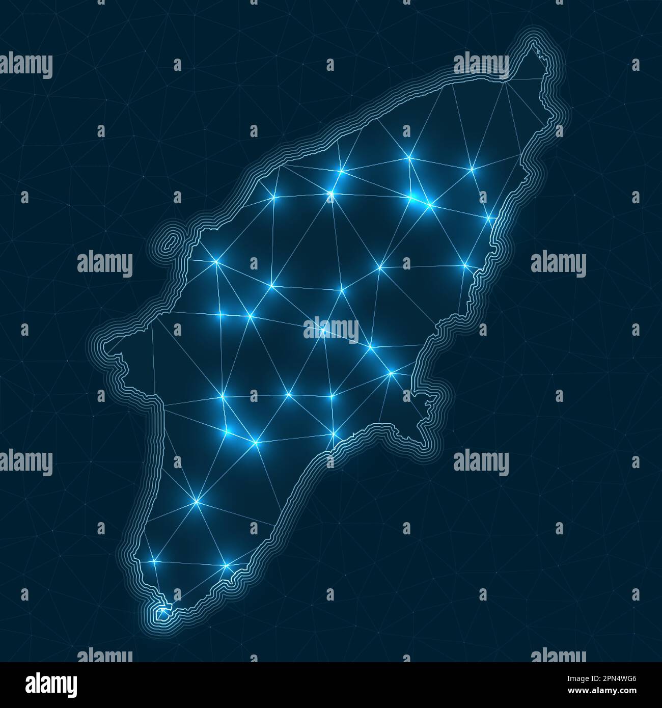 Mappa della rete di Rodi. Mappa geometrica astratta dell'isola. Progettazione di connessioni digitali e telecomunicazioni. Rete Internet luminosa. Vettore artistico Illustrazione Vettoriale