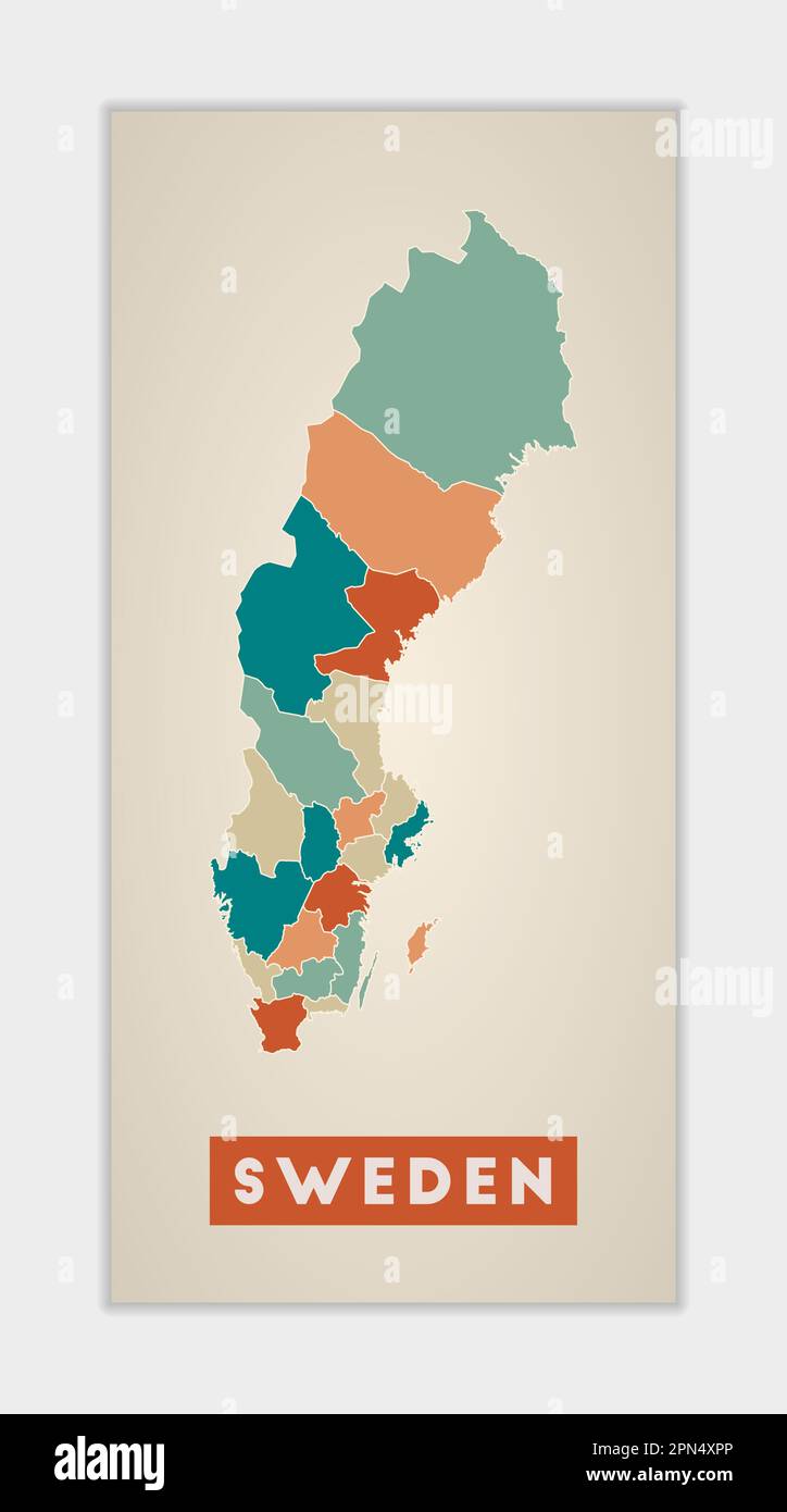 Poster Svezia. Mappa del paese con regioni colorate. Forma della Svezia con nome del paese. Incredibile illustrazione vettoriale. Illustrazione Vettoriale Poster Svezia. Mappa del paese con regioni colorate. Forma della Svezia con nome del paese. Incredibile illustrazione vettoriale. Illustrazione Vettoriale