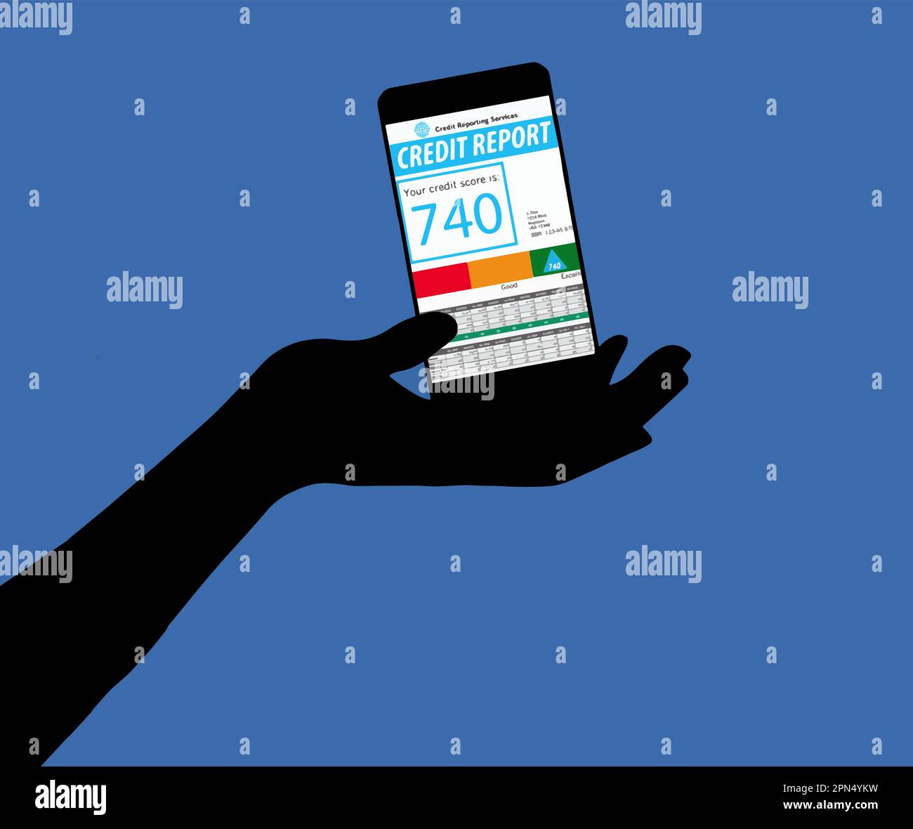 Una mano tiene un telefono delle cellule che visualizza un segno alto di accreditamento su un rapporto di accreditamento in un'immagine vettoriale. Illustrazione Vettoriale