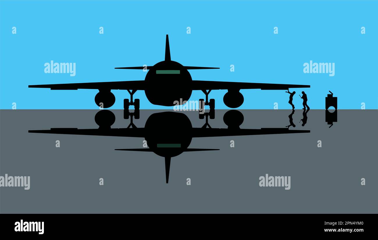 Gli addetti alla manutenzione tendono ad un aeroplano parcheggiato in un appendiabiti in un'immagine vettoriale. Illustrazione Vettoriale