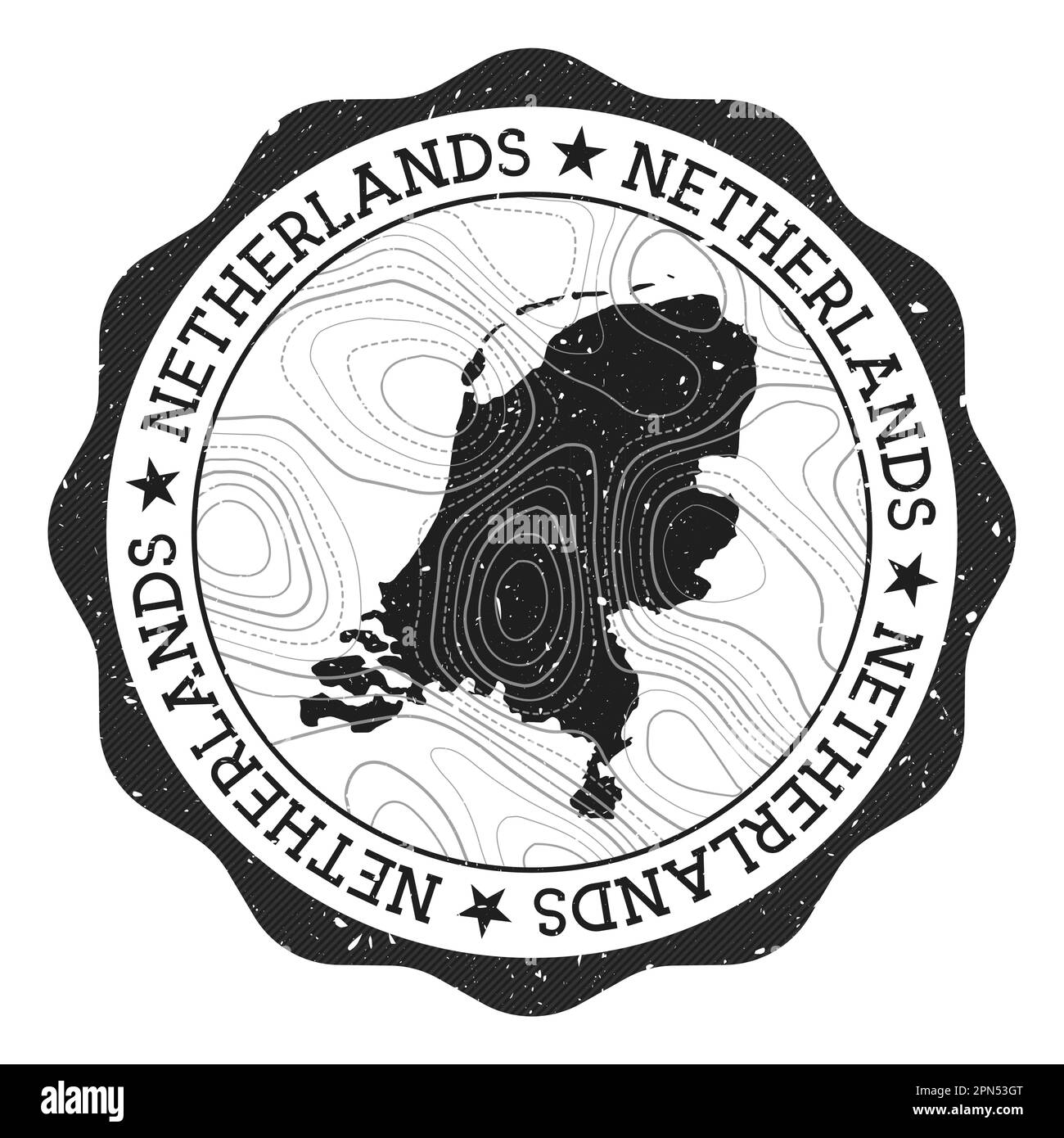 Francobollo olandese per esterni. Adesivo rotondo con mappa del paese con isoline topografiche. Illustrazione vettoriale. Illustrazione Vettoriale