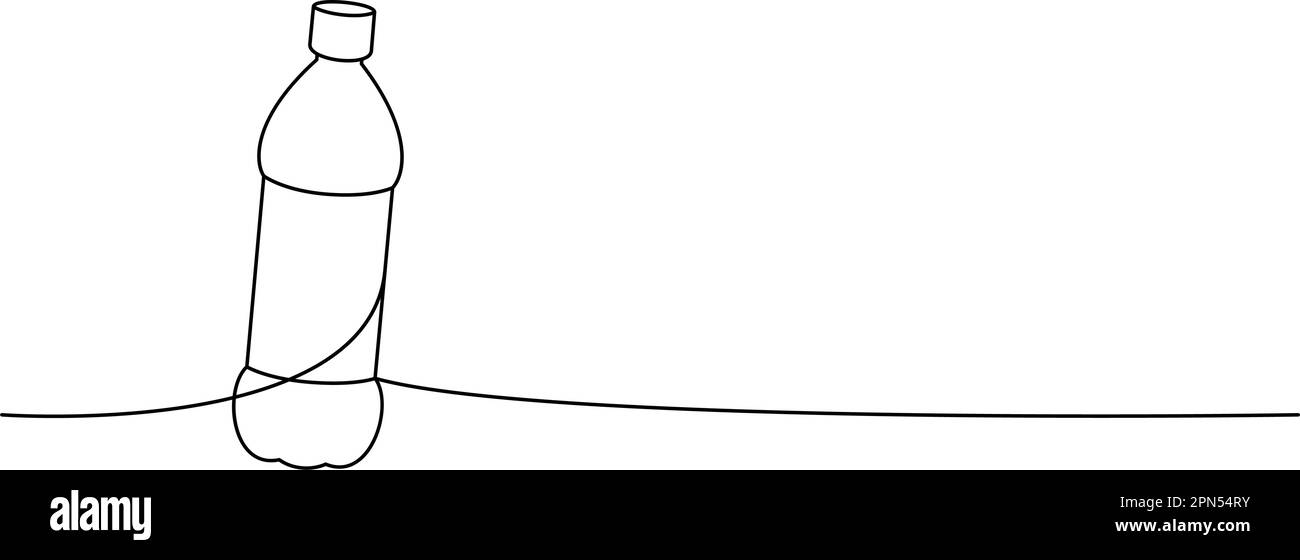 Bottiglia in plastica, disegno continuo a una linea. Bottiglia di vetro o plastica vuota, illustrazione continua a una riga. Illustrazione lineare vettoriale. Illustrazione Vettoriale