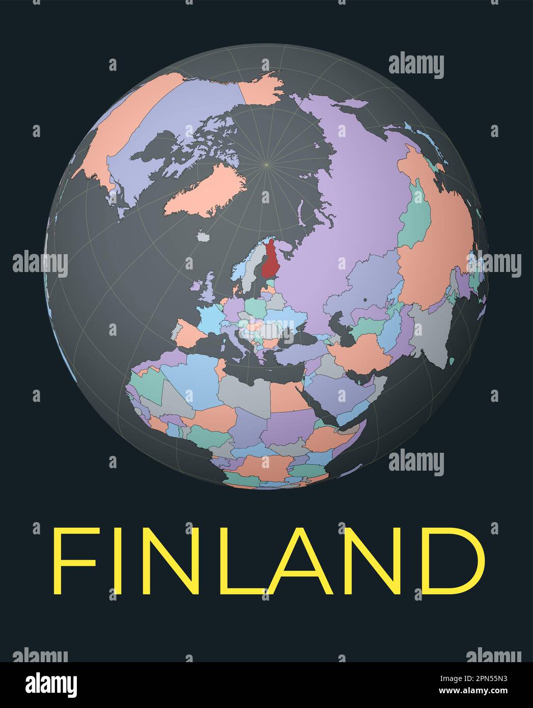Mappa del mondo incentrata sulla Finlandia. Paese evidenziato in rosso. Visione satellitare del mondo incentrata sul paese con il nome. Illustrazione vettoriale. Illustrazione Vettoriale