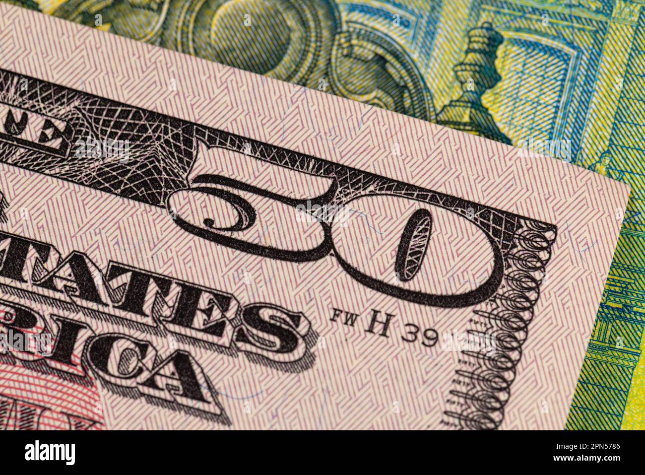 Dettagli di denaro americano primo piano, dettagli di una fattura americana da cinquanta dollari Foto Stock