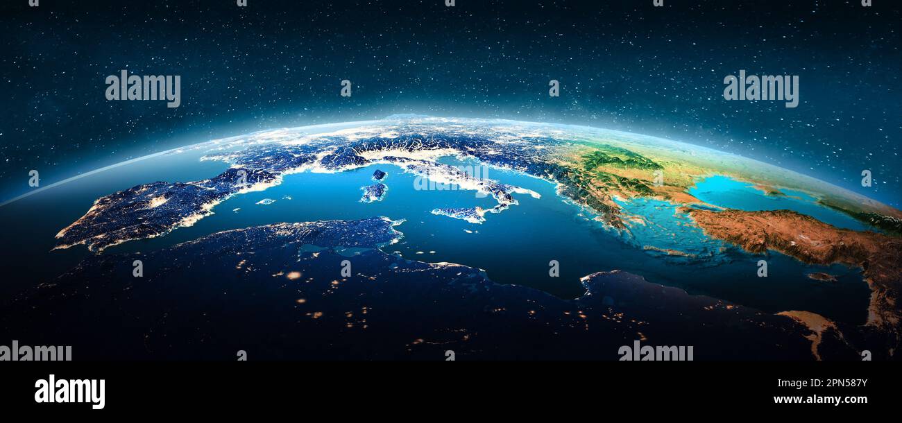 Europa mediterranea, giorno e notte. Elementi di questa immagine forniti dalla NASA. rendering 3d Foto Stock