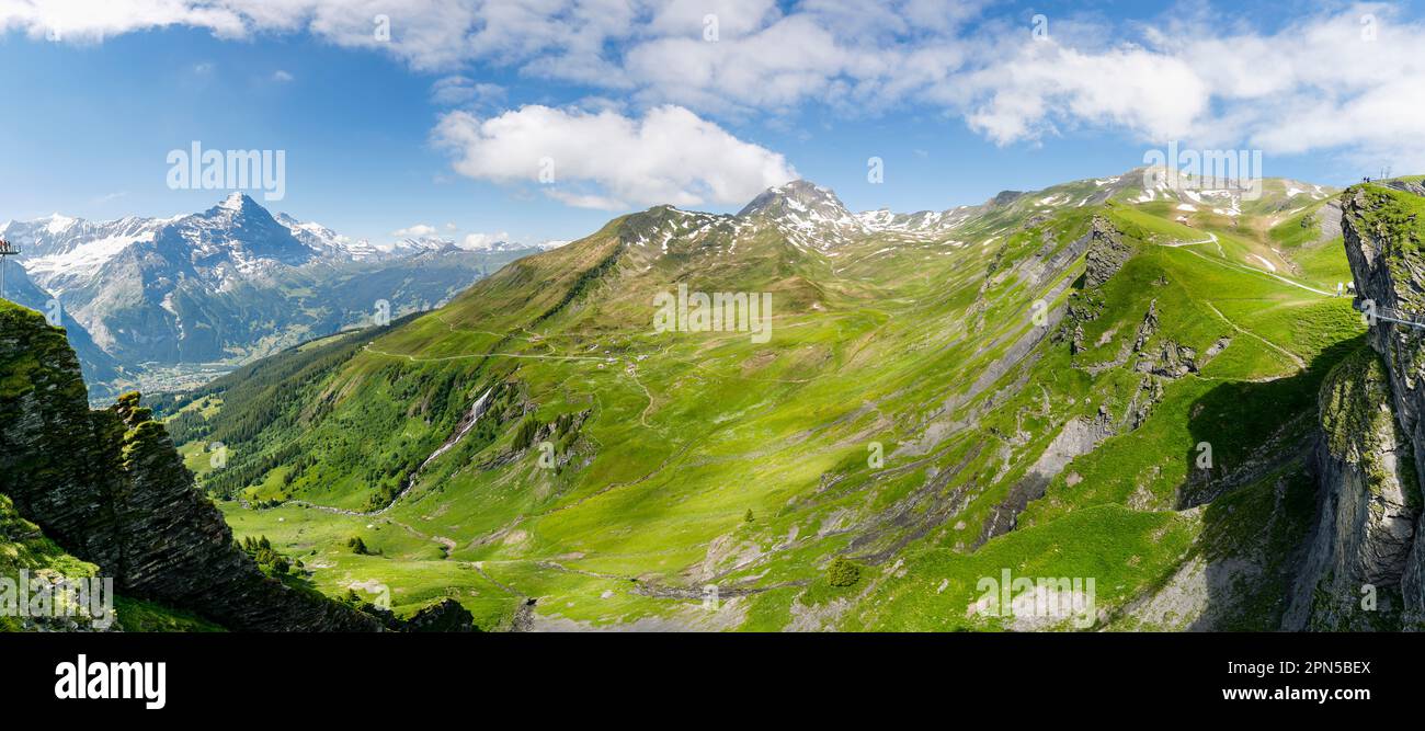 Vista panoramica dalla prima parte di Grindelwald verso i monti Eiger, Moensch e Jungfrau, la regione di Jungfrau delle Alpi bernesi dell'Oberland, Svizzera Foto Stock