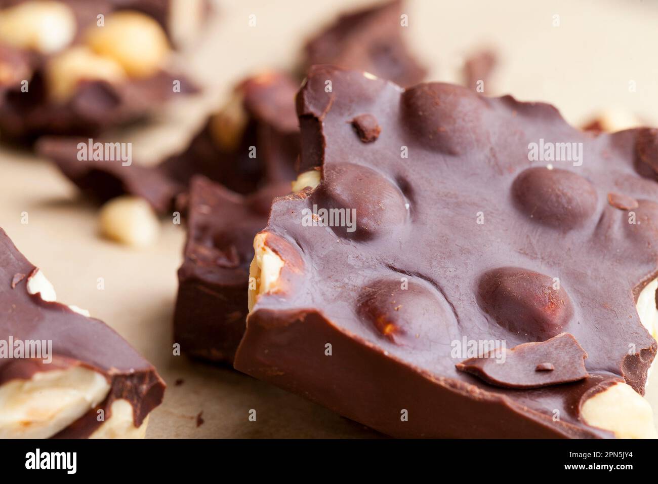 Pezzi di cioccolato al latte fatto in casa con un sacco di burro di cacao e nocciole, delizioso cioccolato fatto in casa con nocciole Foto Stock