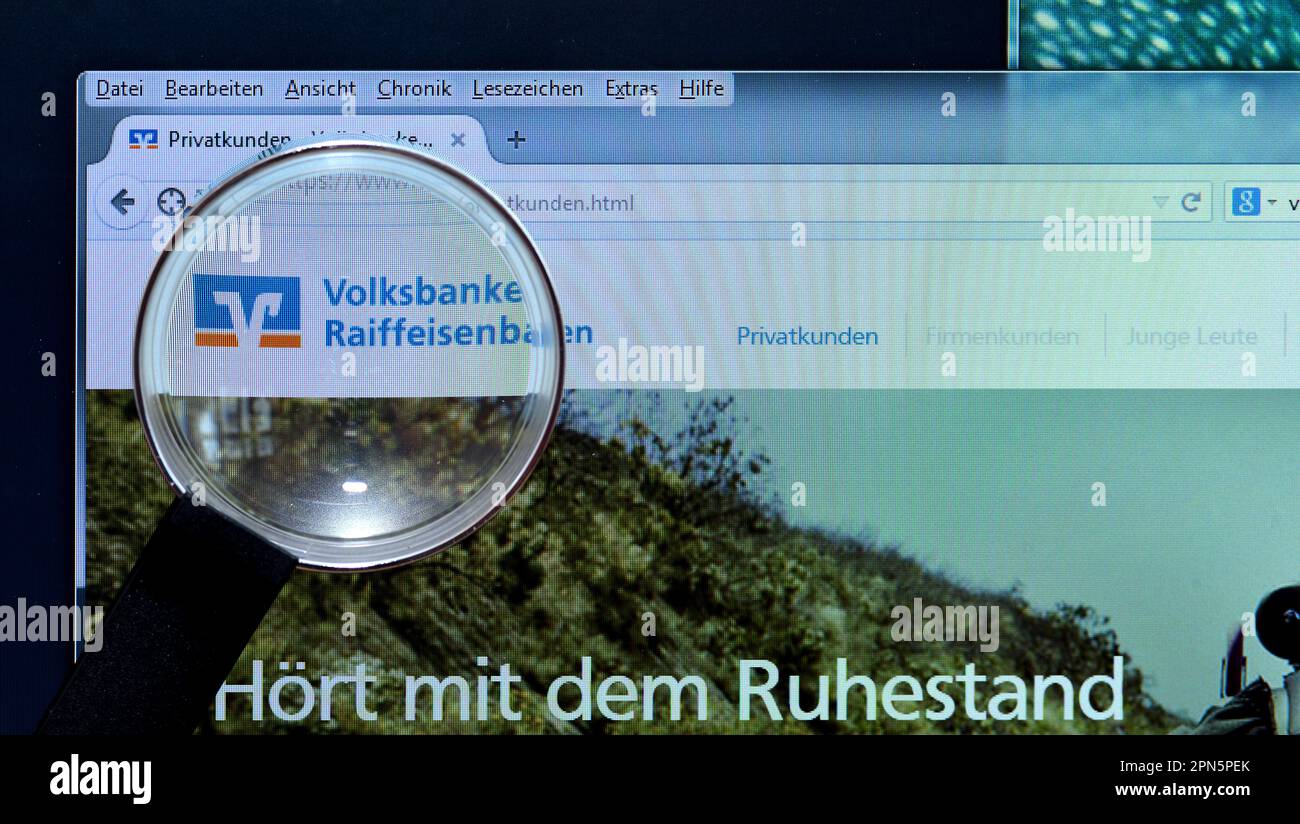 Banca del Popolo, homepage, schermo, lente d'ingrandimento Foto Stock