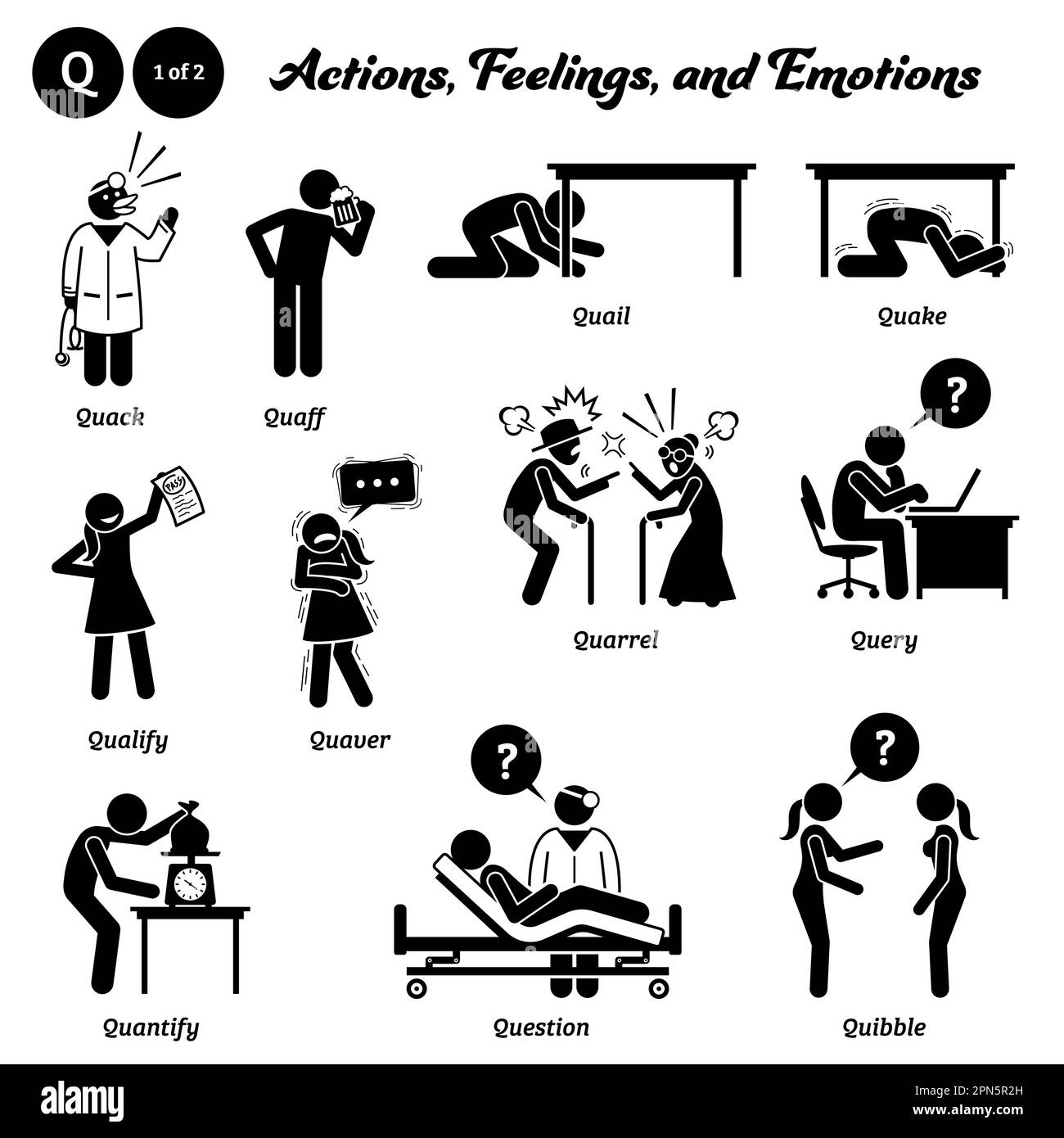 Bastone figura persone umane uomo azione, sentimenti, ed emozioni icone alfabeto Q. Quack, quaff, quail, quake, qualificare, quaver, litigare, interrogare, quantificare, Illustrazione Vettoriale