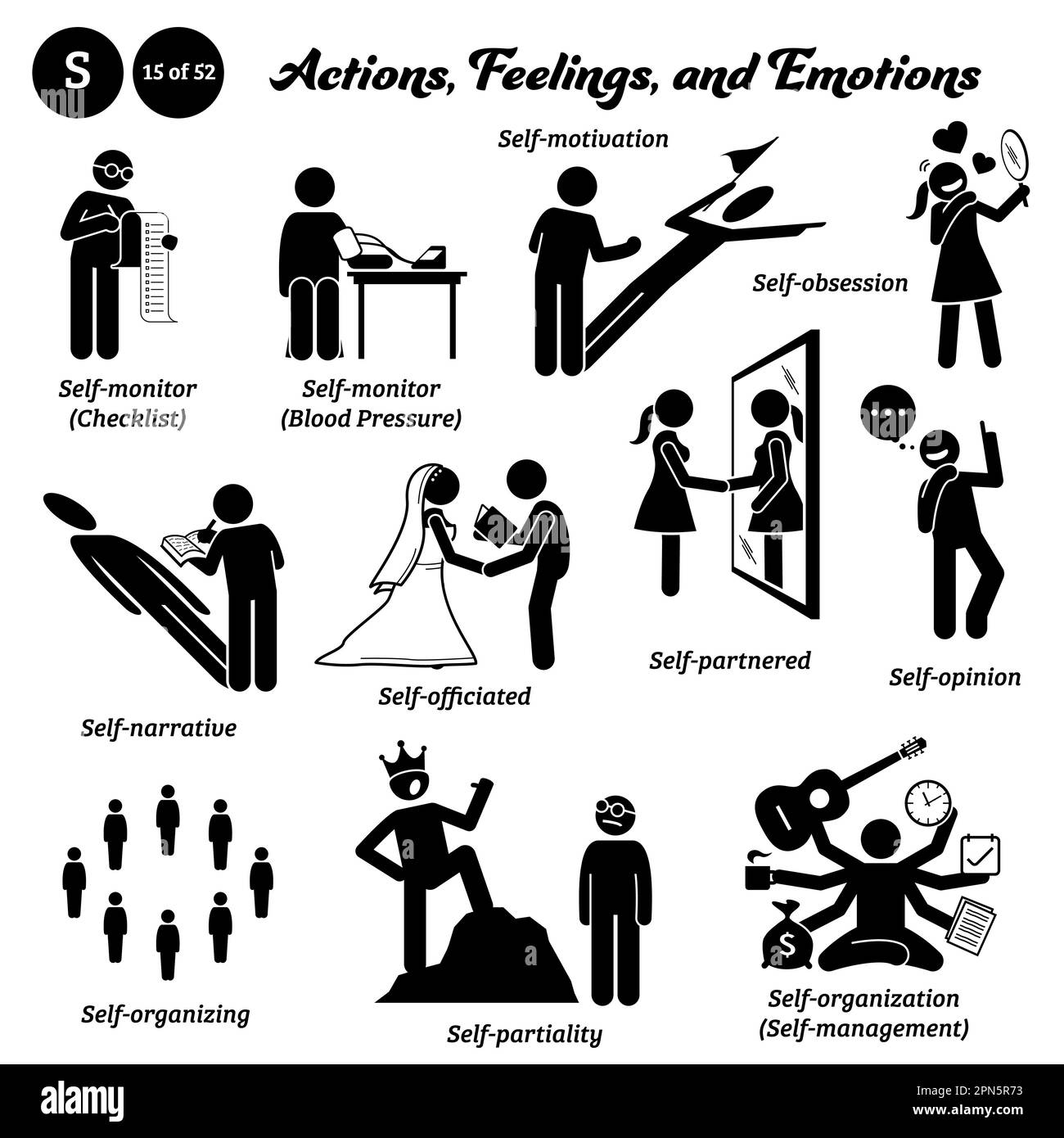Stick figure persone umane uomo azione, sentimenti, ed emozioni icone alfabeto S. officiate, collaborate, Illustrazione Vettoriale