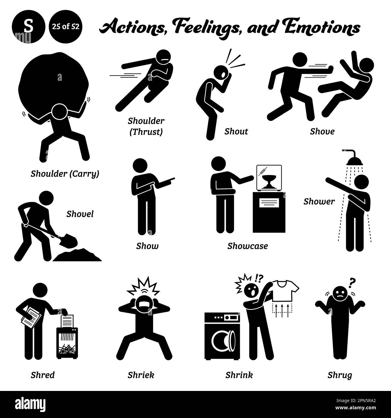 Stick figure persone umane uomo azione, sentimenti, ed emozioni icone alfabeto S. spalla, portare, spinta, gridare, shove, pala, mostra, vetrina, doccia, Illustrazione Vettoriale