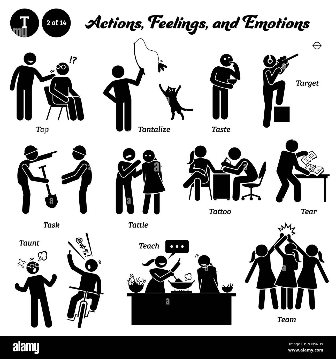 Bastone figura persone umane uomo azione, sentimenti, ed emozioni icone alfabeto T. Tap, tantalize, gusto, bersaglio, compito, picchiettio, tatuaggio, strappo, taunt, insegnare Illustrazione Vettoriale