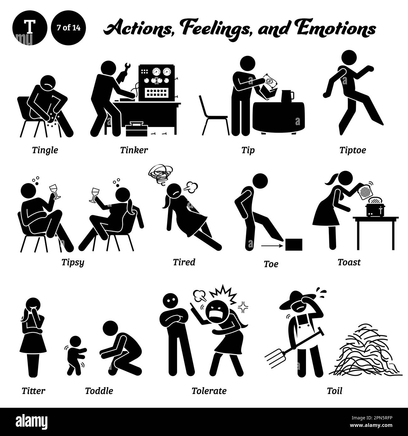 Bastone figura persone umane uomo azione, sentimenti, ed emozioni icone alfabeto T. Tingle, tinker, punta, tiptep, tipsy, stanco, punta, toast, titter, toddle, Illustrazione Vettoriale
