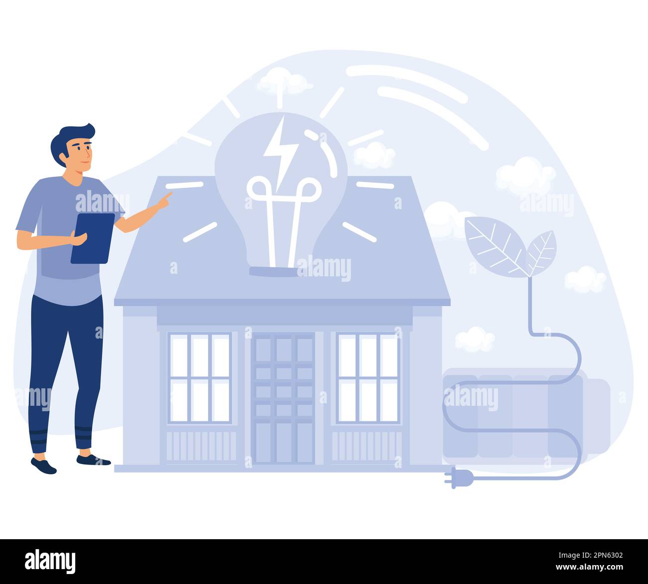 Concetto ecocompatibile, Eco house, edifici passivi e a risparmio energetico, riciclaggio dei rifiuti, efficienza del riscaldamento, illustrazione moderna a vettore piatto Illustrazione Vettoriale