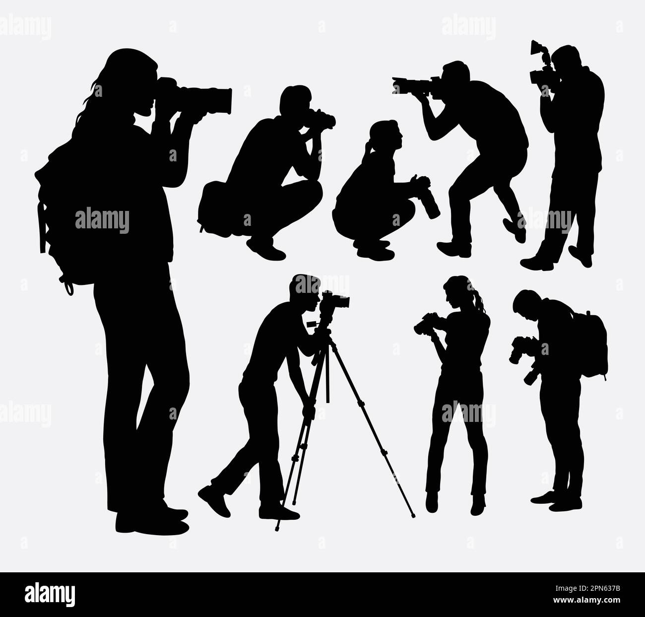 Silhouette maschili e femminili per fotografi. Buon uso per il simbolo, il logo, l'icona di fotoricettore, la mascotte, o tutto il disegno che desiderate. Facile da usare. Illustrazione Vettoriale