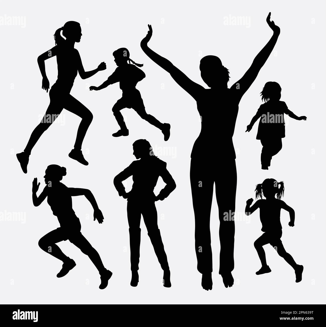 Silhouette di attività per bambine e bambini. Buon uso per il simbolo, il logo, l'icona di fotoricettore, la mascotte, o tutto il disegno che desiderate. Facile da usare. Illustrazione Vettoriale