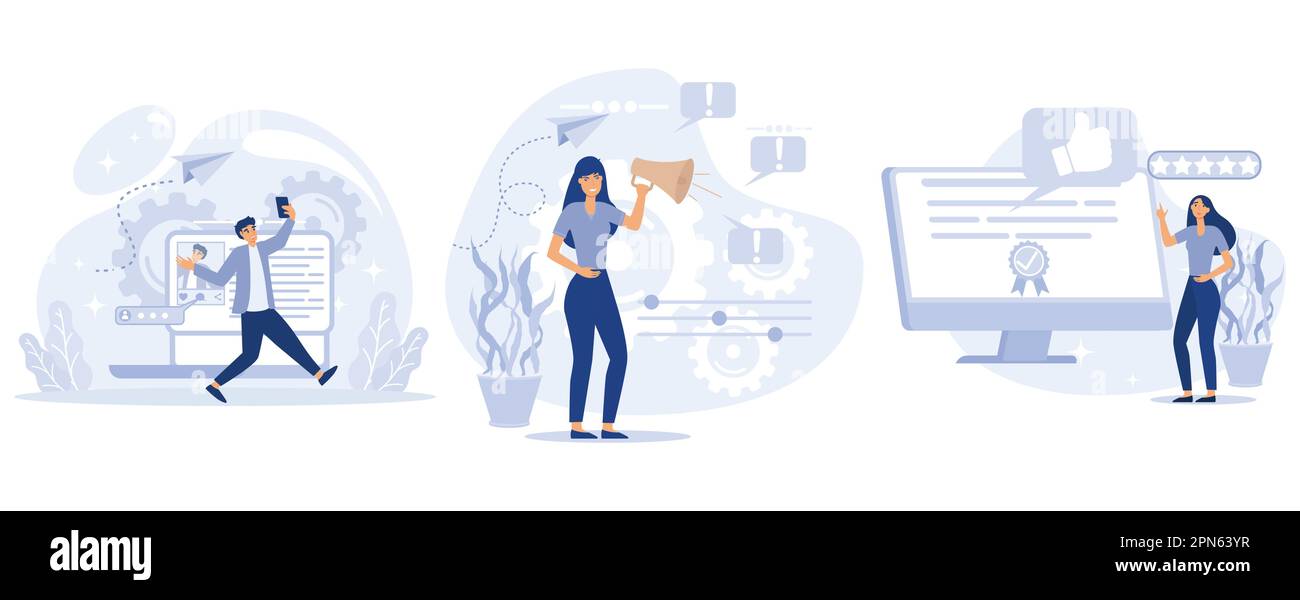 Concetto di promozione, follower blog e abbonamenti, contenuti virali, attirare l'attenzione, scala di valutazione, piattaforma di social media, prodotto di alto livello, s Illustrazione Vettoriale