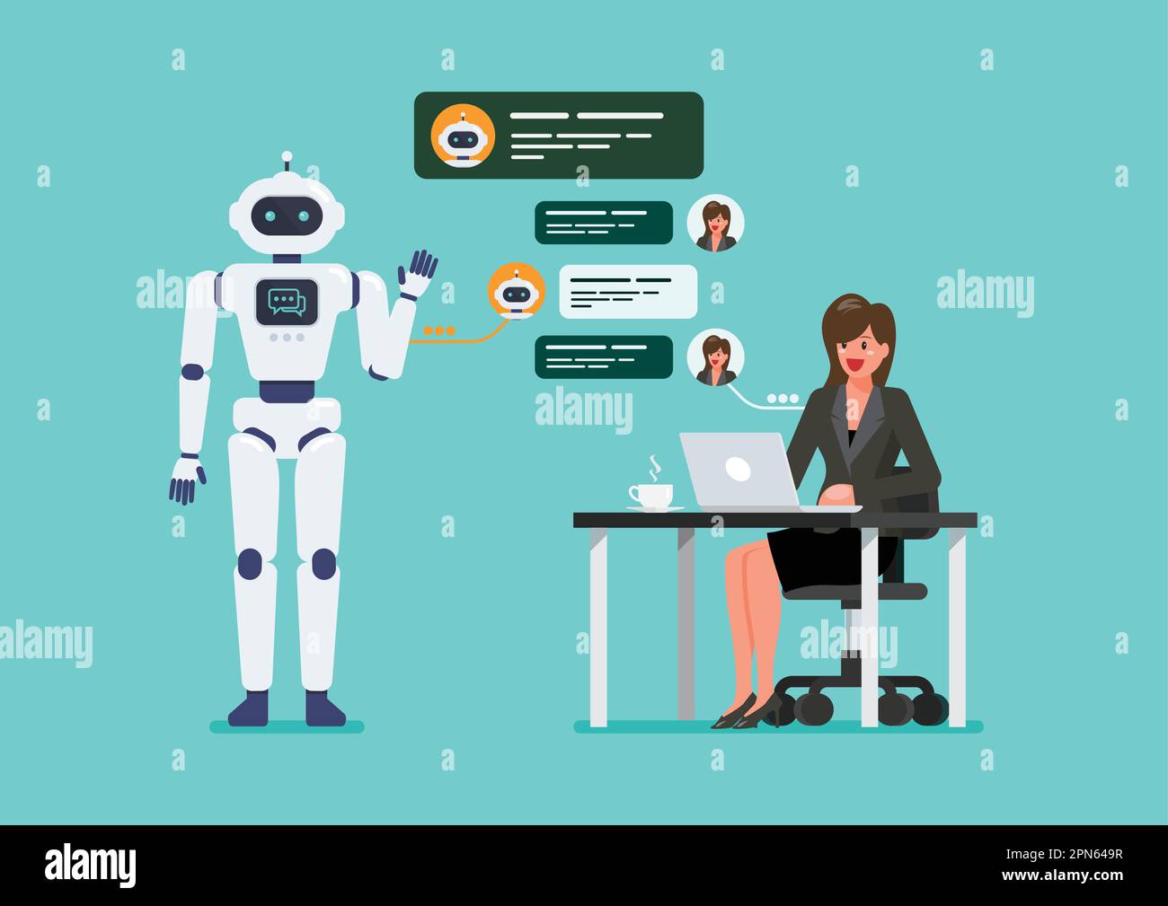 La donna d'affari sta chiacchierando con chatbot. bot di chat di intelligenza artificiale sviluppato dalla società tecnologica. Illustrazione vettoriale Illustrazione Vettoriale