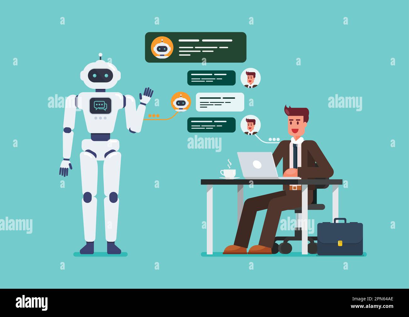 L'uomo d'affari sta chiacchierando con chatbot. bot di chat di intelligenza artificiale sviluppato dalla società tecnologica. Illustrazione vettoriale Illustrazione Vettoriale