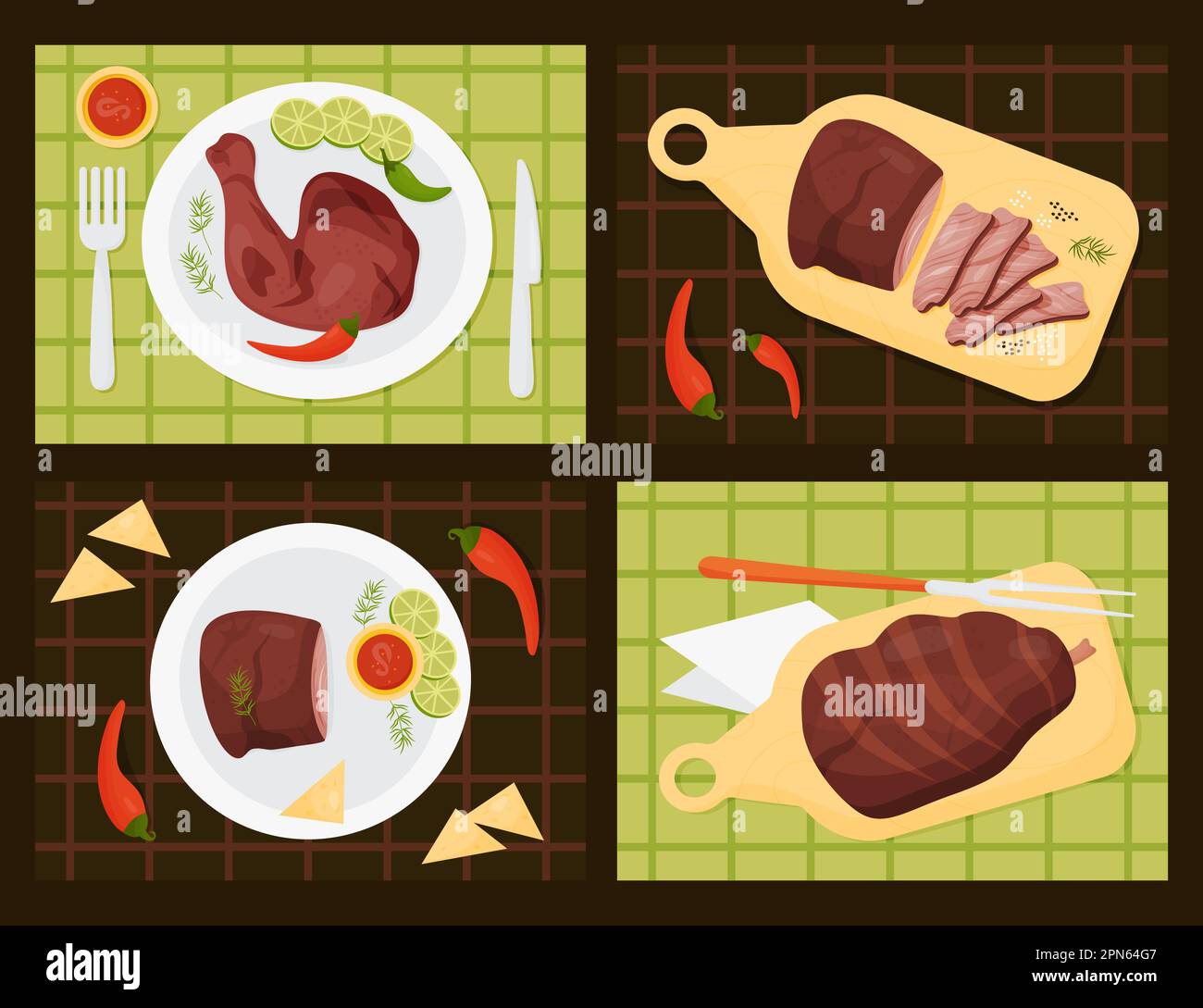 Cibo messicano barbecue a base di carne. Coscia di pollo all'ahiote fritta, manzo alla griglia e coscia di maiale fritta. Piatti serviti in piatti e su tavola da cucina su tovaglia. Vie Illustrazione Vettoriale Cibo messicano barbecue a base di carne. Coscia di pollo all'ahiote fritta, manzo alla griglia e coscia di maiale fritta. Piatti serviti in piatti e su tavola da cucina su tovaglia. Vie Illustrazione Vettoriale