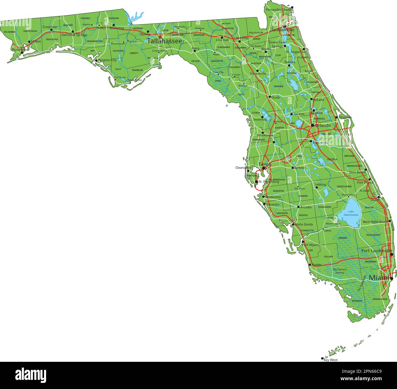 Mappa fisica della Florida dettagliata con etichettatura Immagine e