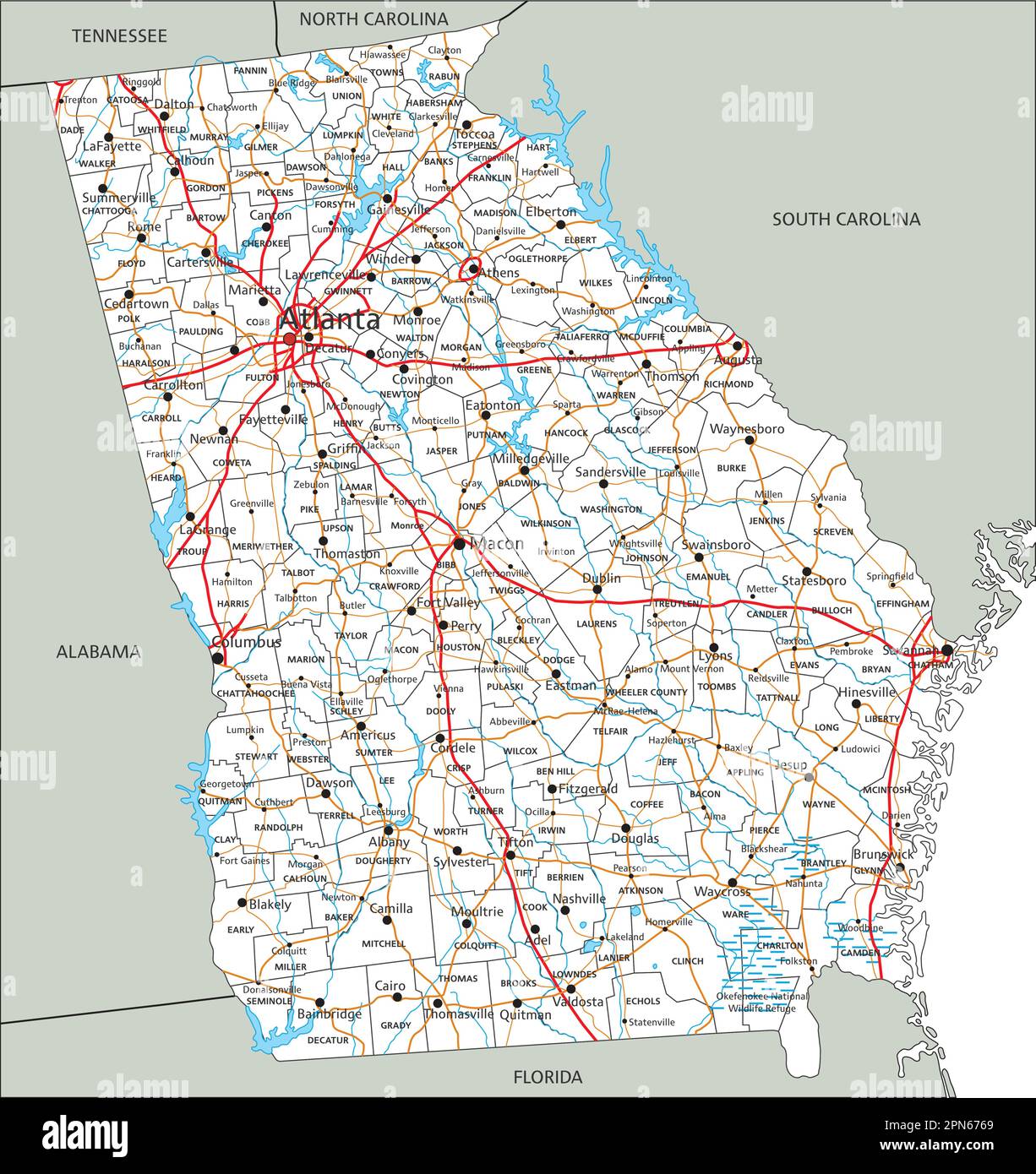 Mappa stradale della Georgia dettagliata e dettagliata con etichettatura. Illustrazione Vettoriale