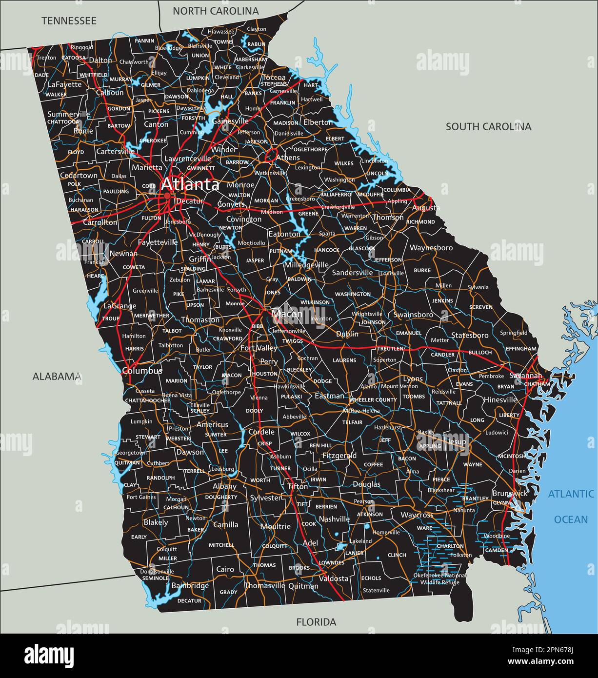 Mappa stradale della Georgia dettagliata e dettagliata con etichettatura. Illustrazione Vettoriale