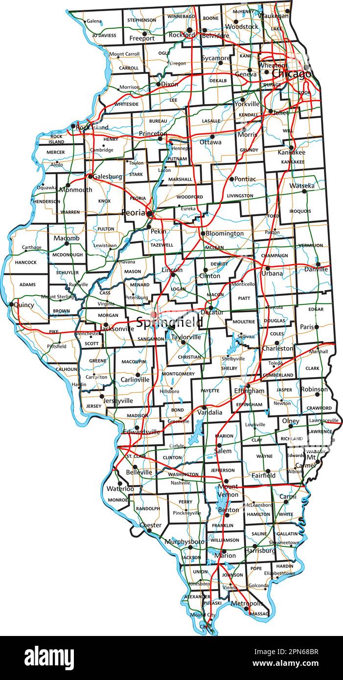 Mappa stradale e autostradale dell'Illinois. Illustrazione vettoriale. Illustrazione Vettoriale