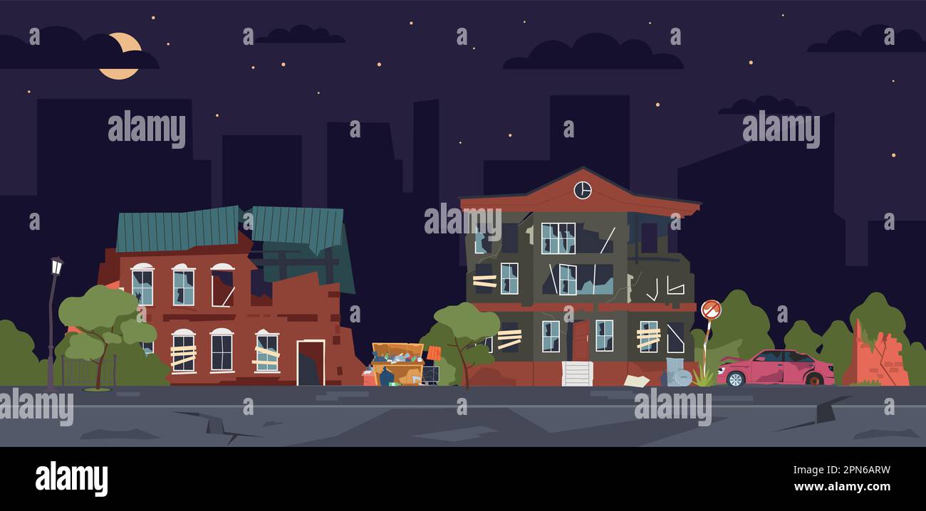 Paesaggio notturno di ghetto, baraccopoli, zona della città con caschi sporchi, case in rovina. Costruzioni di città rotte o abbandonate. Danni di guerra o terremoto Illustrazione Vettoriale
