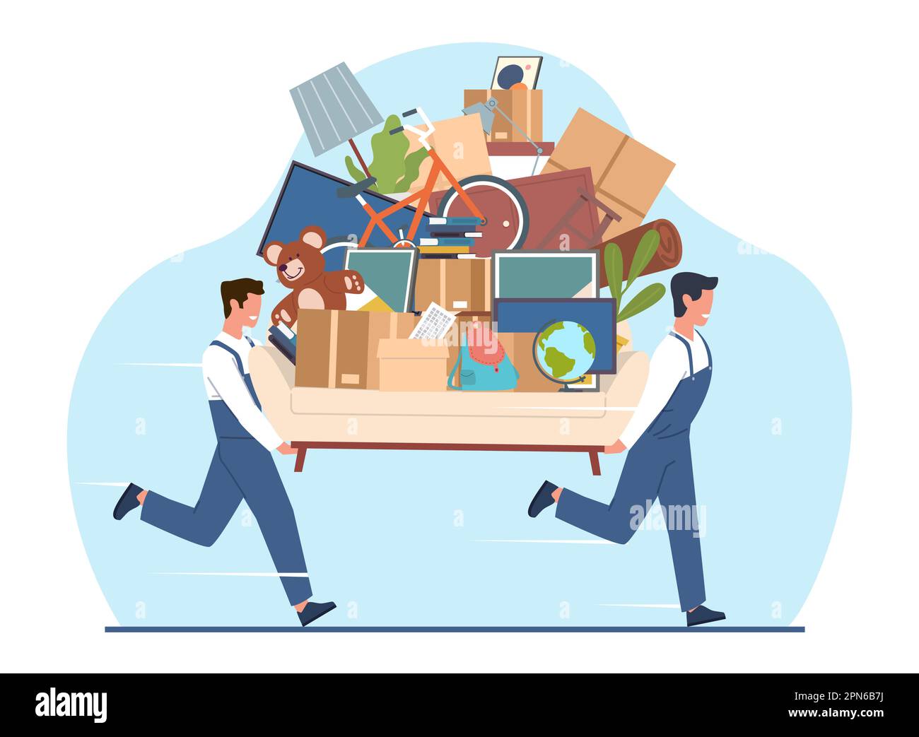 Due Mover maschili trasportano il divano con le scatole di cartone, il fiore, le immagini ed i libri, il servizio di movimento veloce. Società di trasporto e trasferimento. Cartone animato Illustrazione Vettoriale