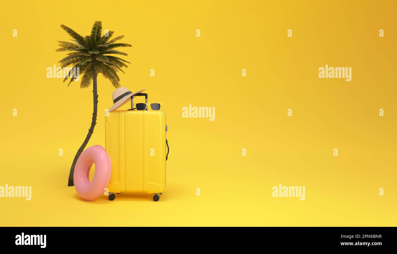 Valigia con occhiali da sole e cappello all'interno di una palma su sfondo giallo. concetto di paradiso dei viaggi minimale. rendering 3d. Foto Stock