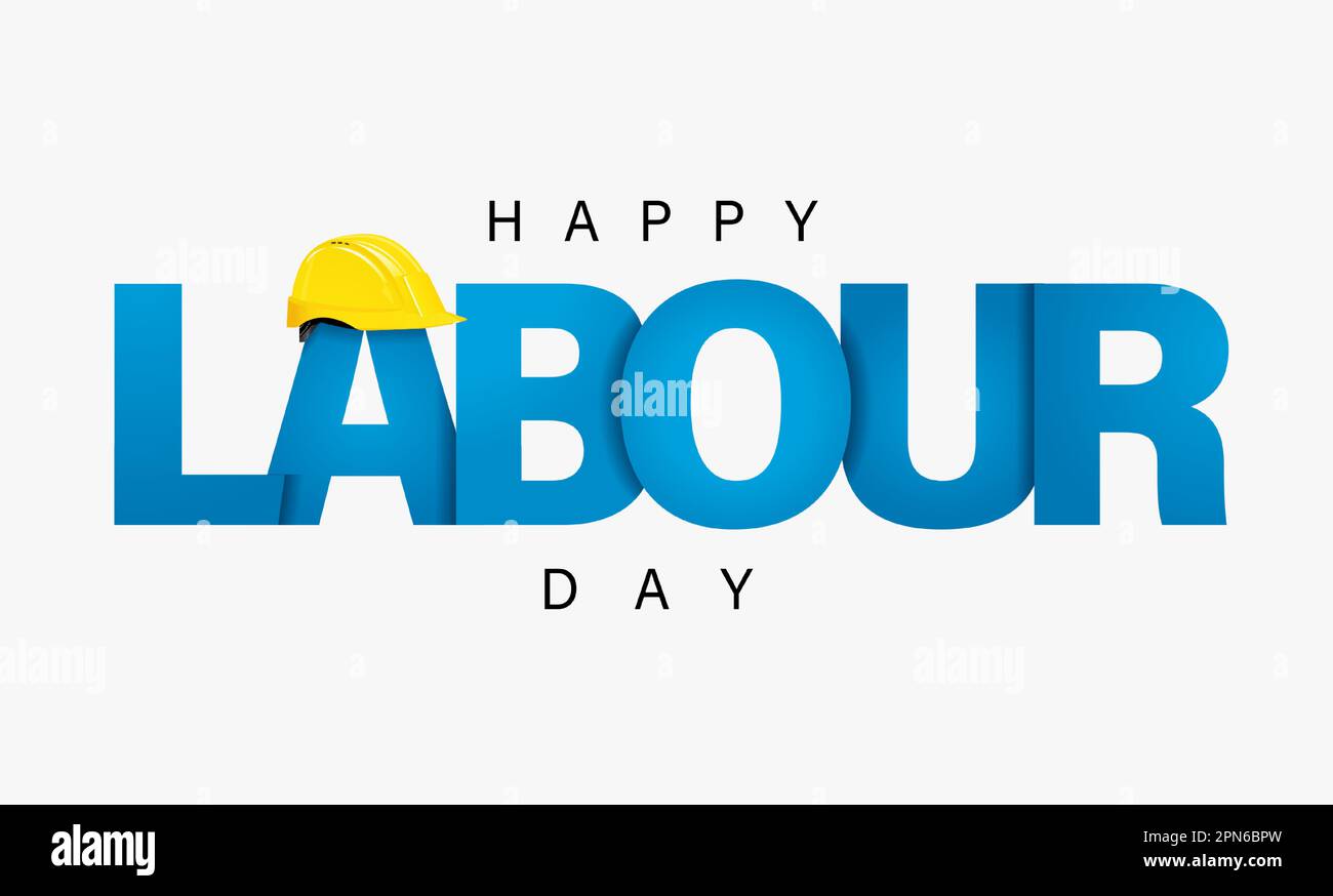 Happy Labour Day, 1st maggio scritta banner. Celebrazione della Giornata Internazionale del lavoro, testo blu e aiuto giallo. Illustrazione vettoriale Illustrazione Vettoriale