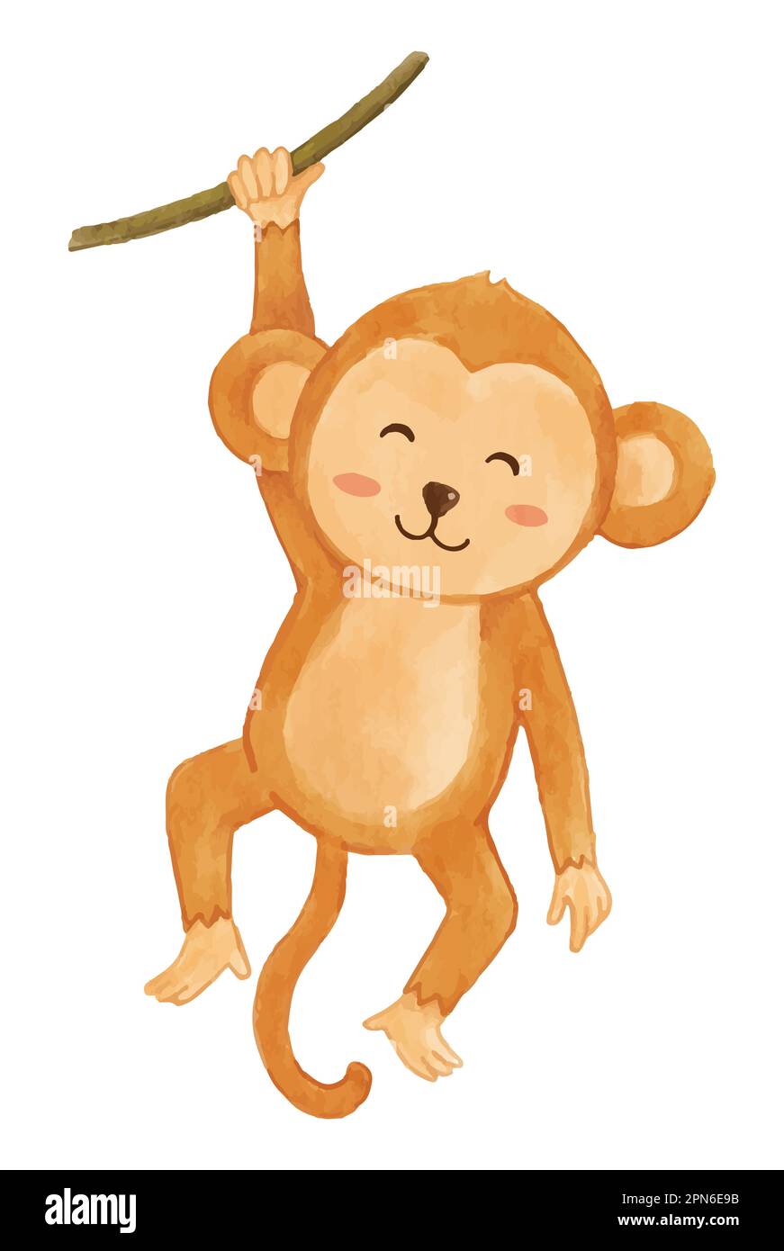 La scimmia sta oscillando sulla vite . Disegno di vernice di acquerello . Carino animal personaggio cartone animato . Vettore . Illustrazione Vettoriale