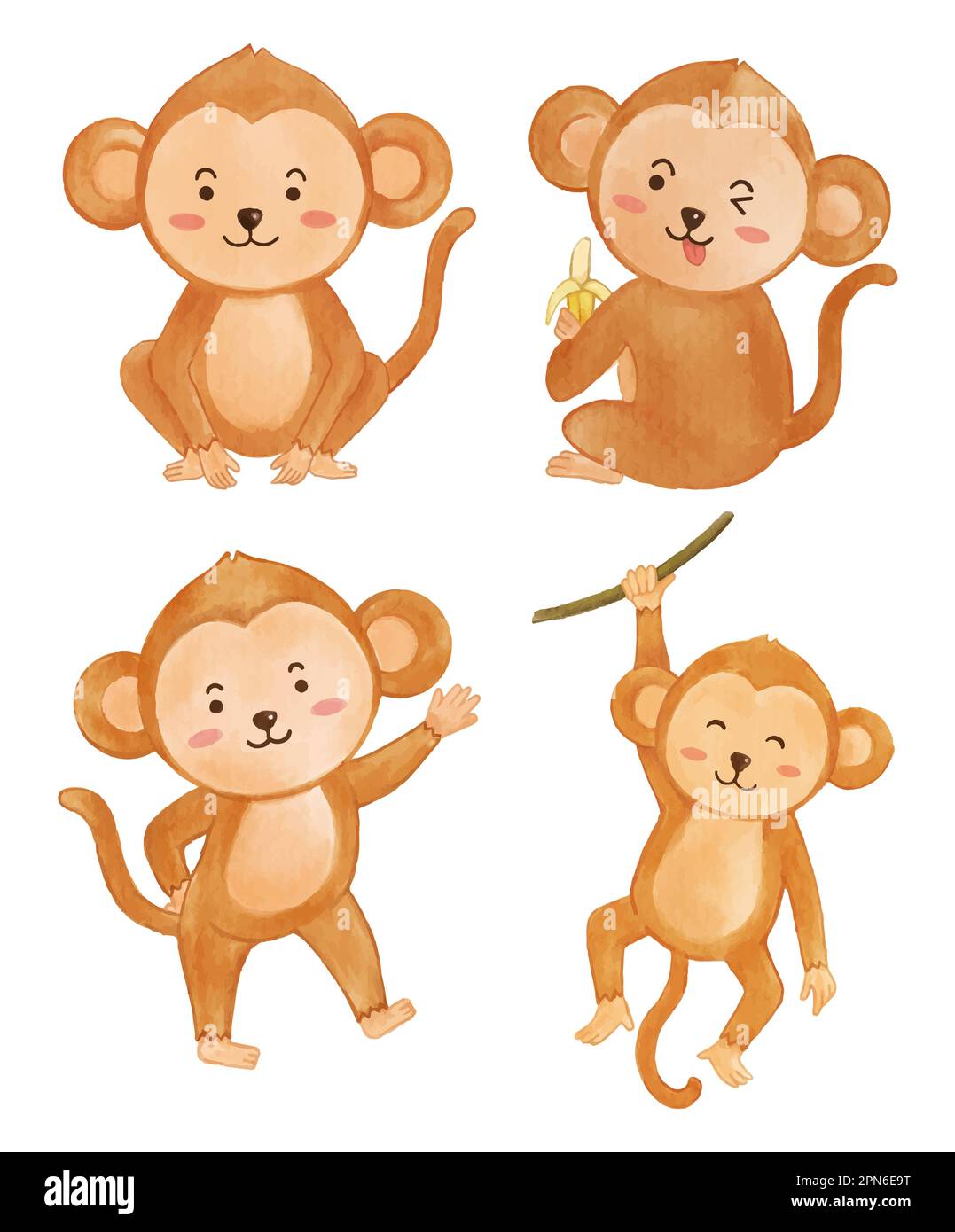 Scimmia . Disegno di pittura di acquerello . Set di carini animali personaggi cartoni animati . Vettore . Illustrazione Vettoriale