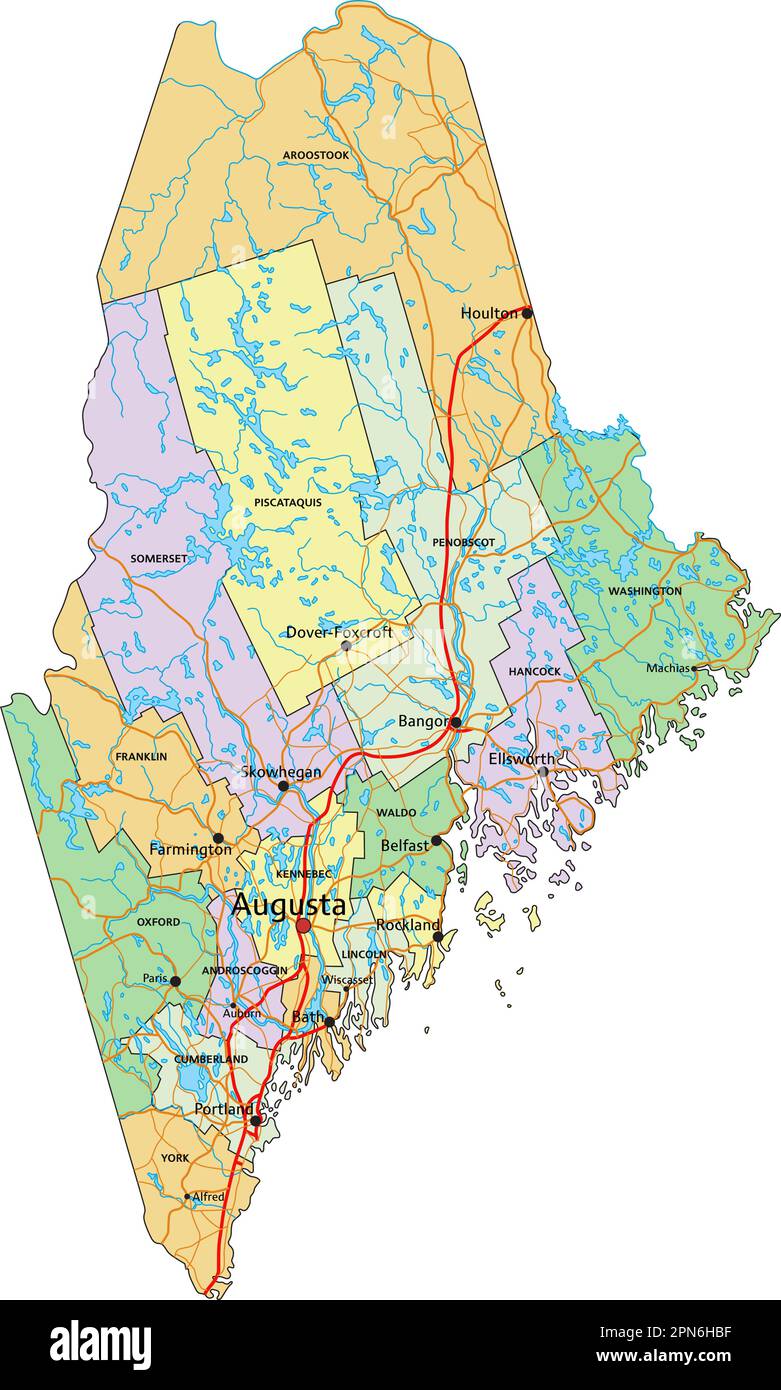 Maine - Mappa politica modificabile molto dettagliata con etichettatura. Illustrazione Vettoriale