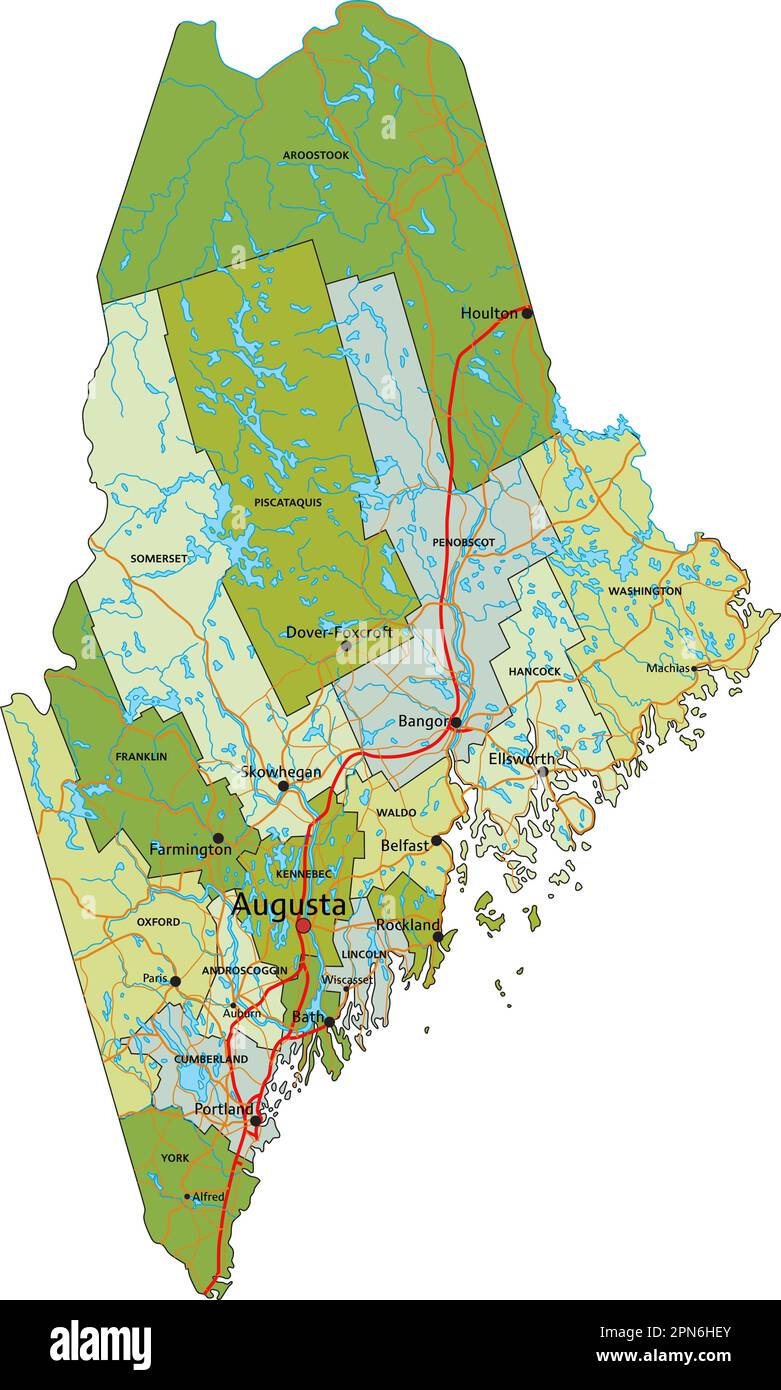 Mappa politica modificabile estremamente dettagliata con livelli separati. Maine Illustrazione Vettoriale