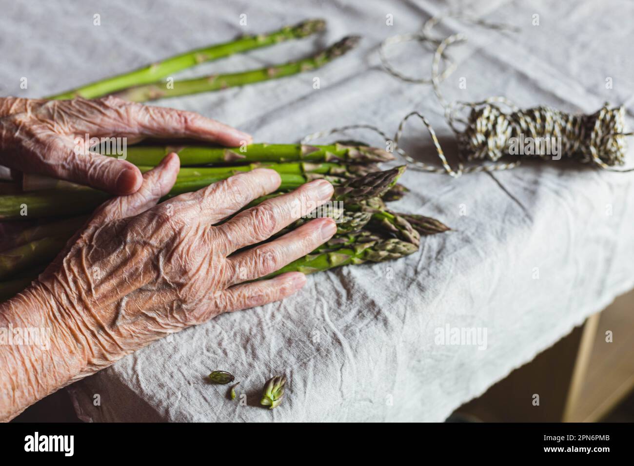mani rugose di una vecchia donna che legano asparagi verdi Foto Stock