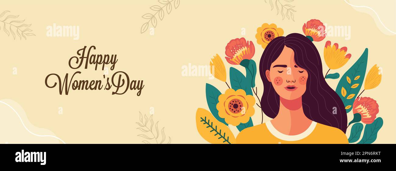 Buon giorno delle donne Banner Design con la giovane donna che chiude gli occhi su sfondo decorato floreale. Illustrazione Vettoriale