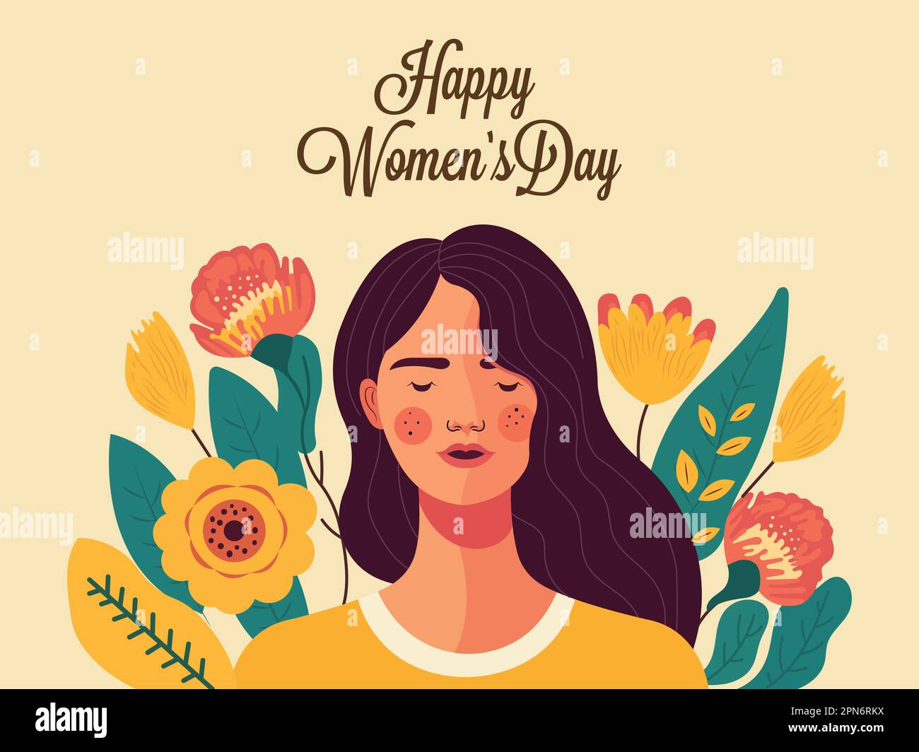 Felice concetto di Giornata delle Donne con la giovane donna che chiude gli occhi su sfondo decorato floreale. Illustrazione Vettoriale