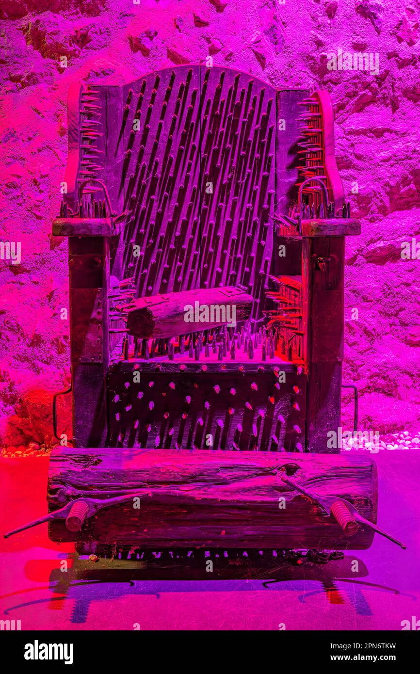 Medieval sedia di tortura, dettaglio del dolore e della sofferenza, Inquisizione Foto Stock