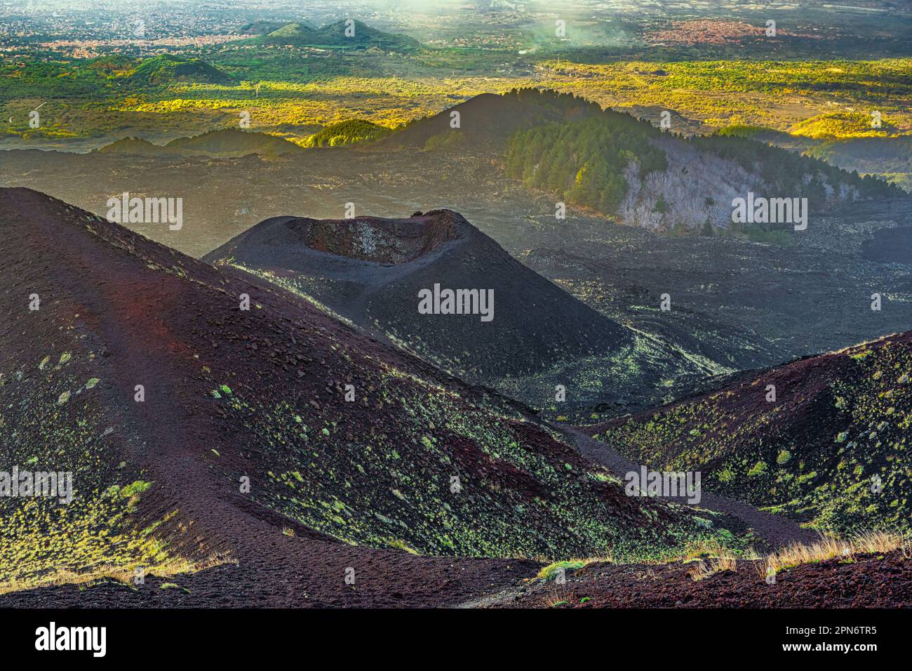 Crateri e campo lavico sul pendio dell'Etna. Parco Nazionale dell'Etna, Sicilia, Italia, Europa Foto Stock