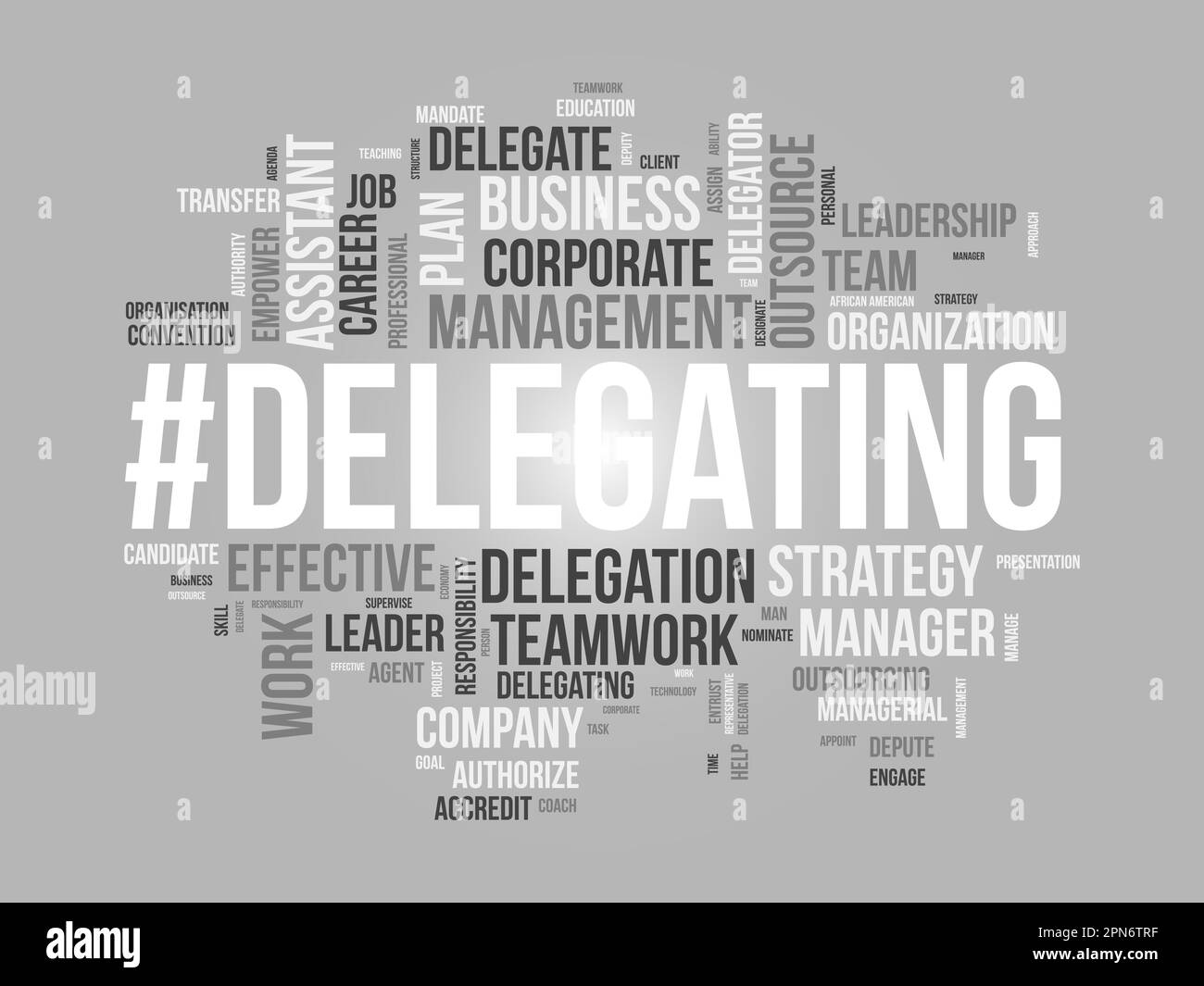Concetto di background di Word cloud per la delega. Responsabilità aziendale, gestione della carriera assegnazione di un approccio strategico alla leadership. illustrazione vettoriale. Illustrazione Vettoriale
