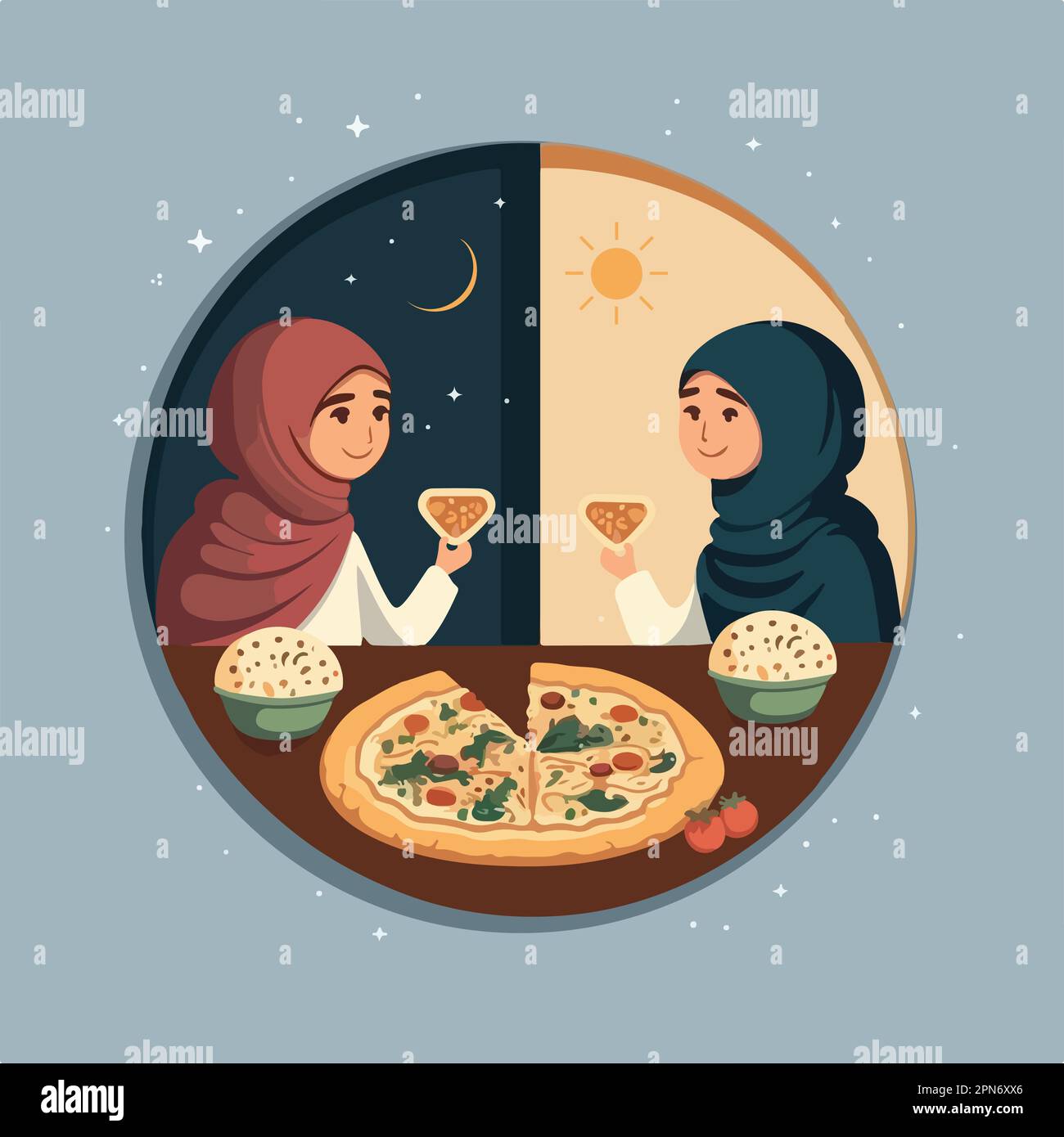 Ragazza musulmana personaggio Breaking veloce al mattino e la sera posizione durante il Festival islamico mese Santo Ramadan. Illustrazione Vettoriale