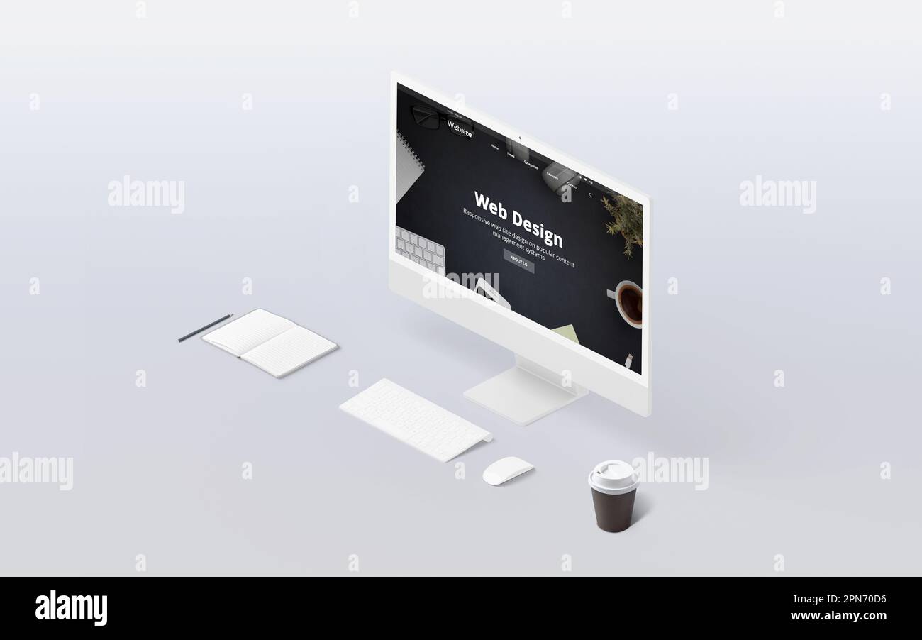 Visualizzazione isometrica dello studio di web design con display moderno, tecnologia di enfasi, UX, UI e rendering digitale creativo Foto Stock