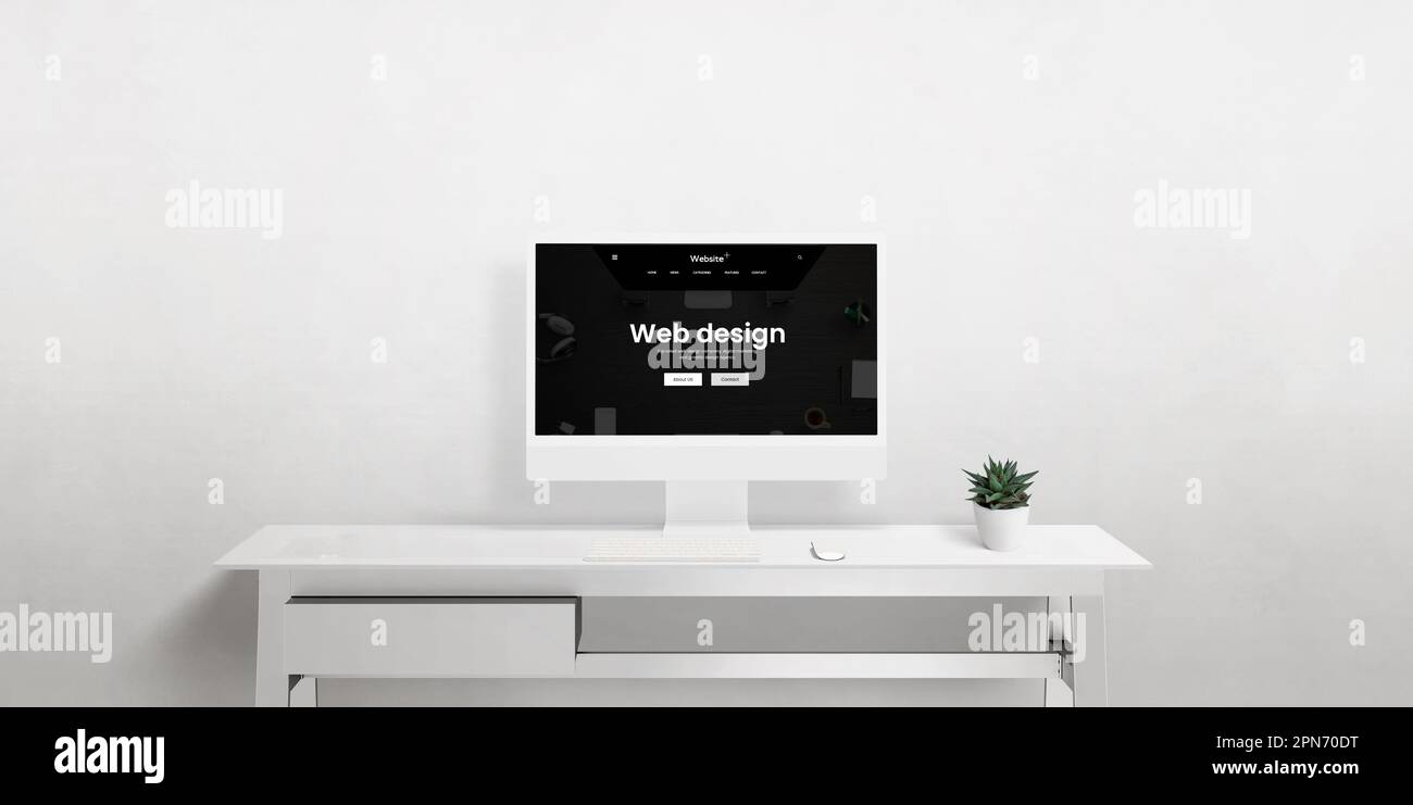 Una vista frontale di un display del computer su una scrivania dell'ufficio con uno spazio di lavoro minimalista, che mette in risalto il web design, l'esperienza utente, l'interfaccia utente e il rendering digitale Foto Stock