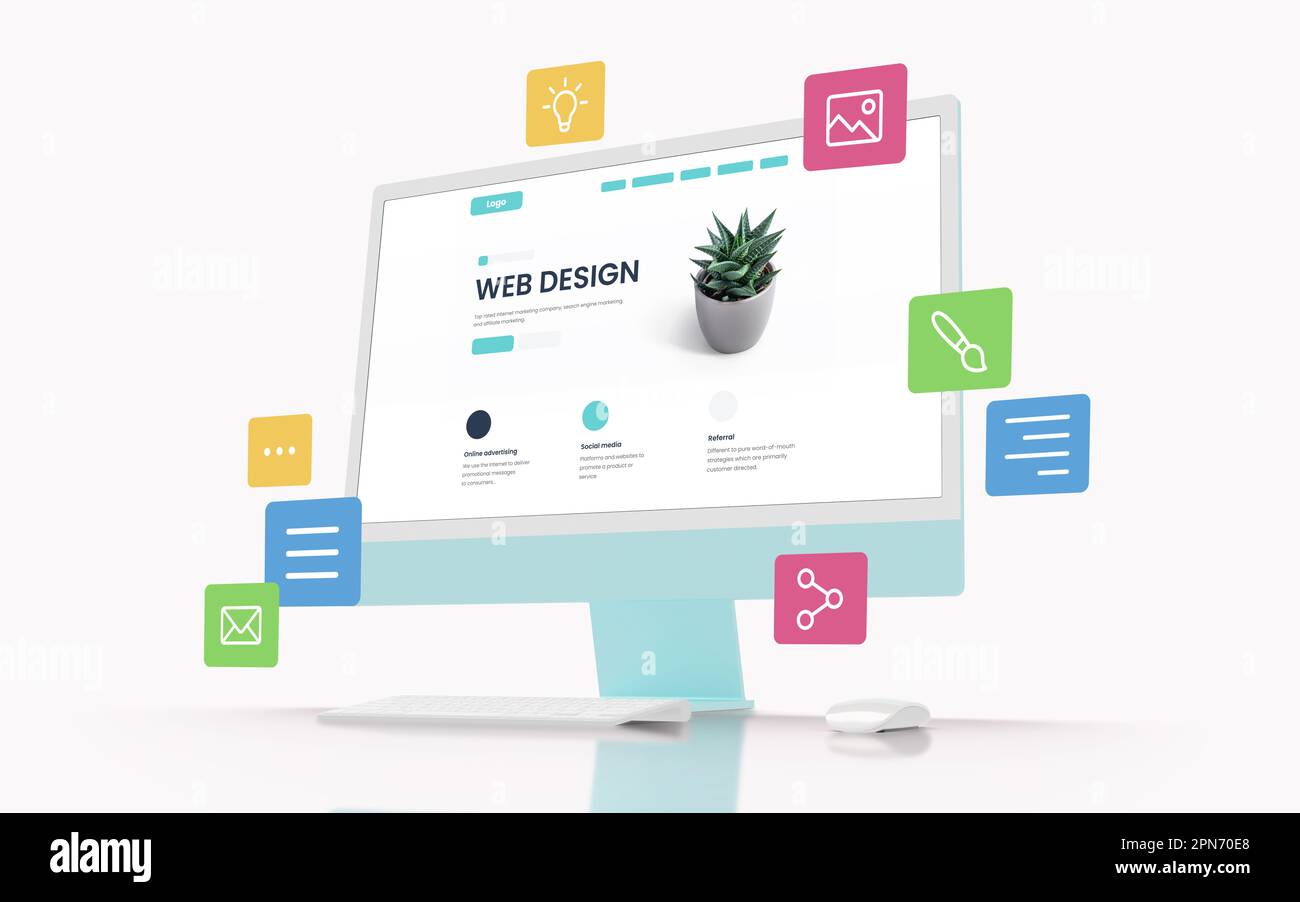 Moderno display per computer con una pagina web design sullo schermo, circondato da colorate icone di web design volanti Foto Stock