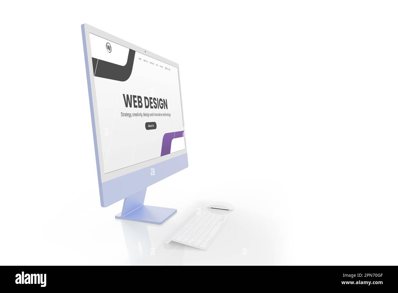 Concetto di studio di Web design con display moderno e interfaccia web design pagina isolata su bianco. Accanto alla tastiera e al mouse Foto Stock